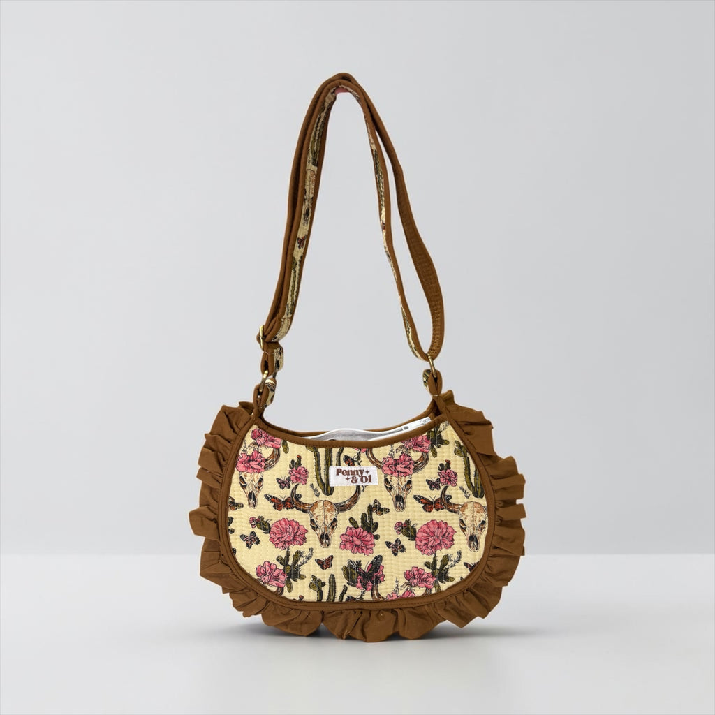 Brown Vintage Western Ruffle Shoulder Bag, Handmade Cotton Tote Bags
