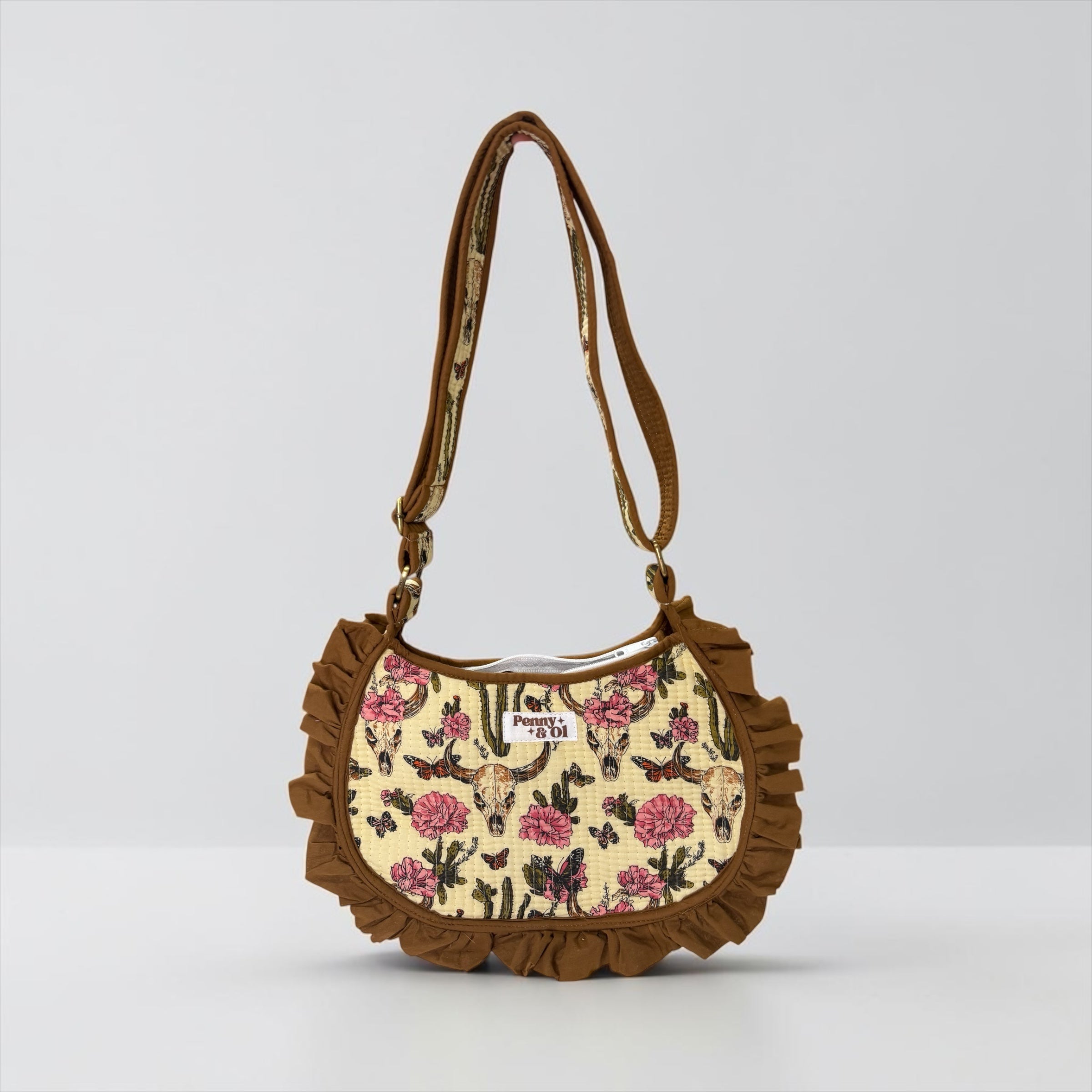 Brown Vintage Western Ruffle Shoulder Bag, Handmade Cotton Tote Bags