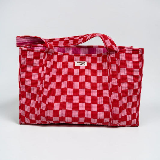 Pink checkerboard and stripes REVERSIBLE Large Cotton Tote Bag, handmade tote bags