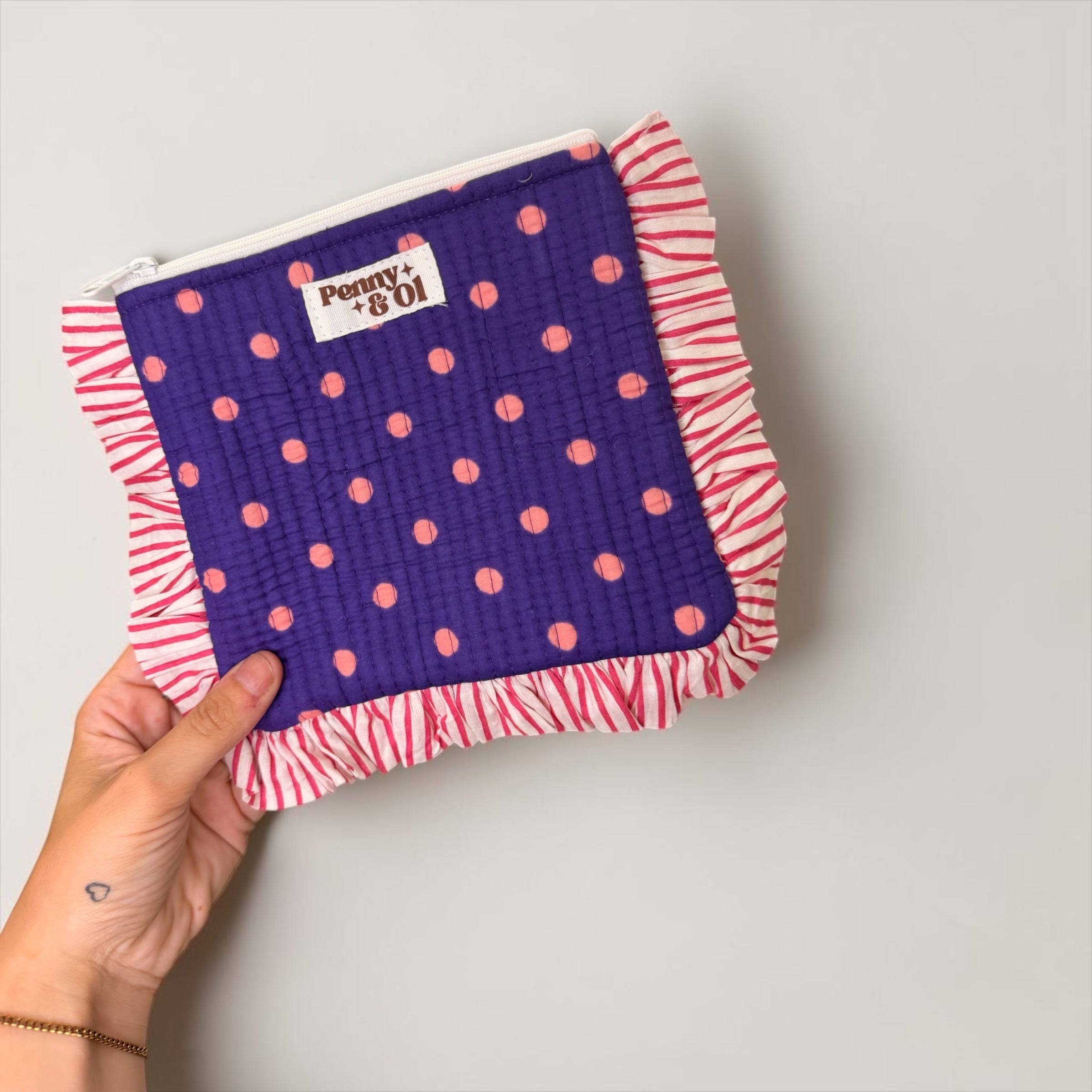 Purple With Pink Polka Dot Ruffle Pouch