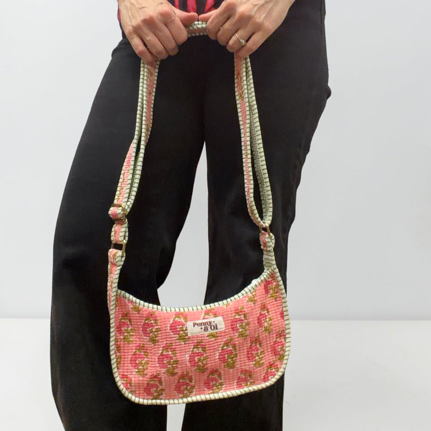 Pink Floral Blockprint Mini Shoulder Bag, Handmade Cotton Tote Bags
