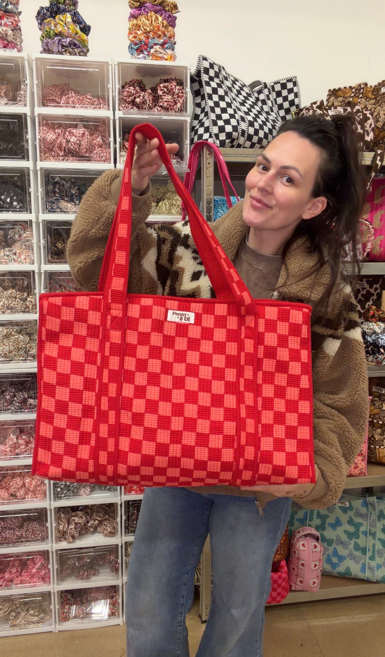 Pink & Red Checkerboard LARGE Cotton Tote Bag