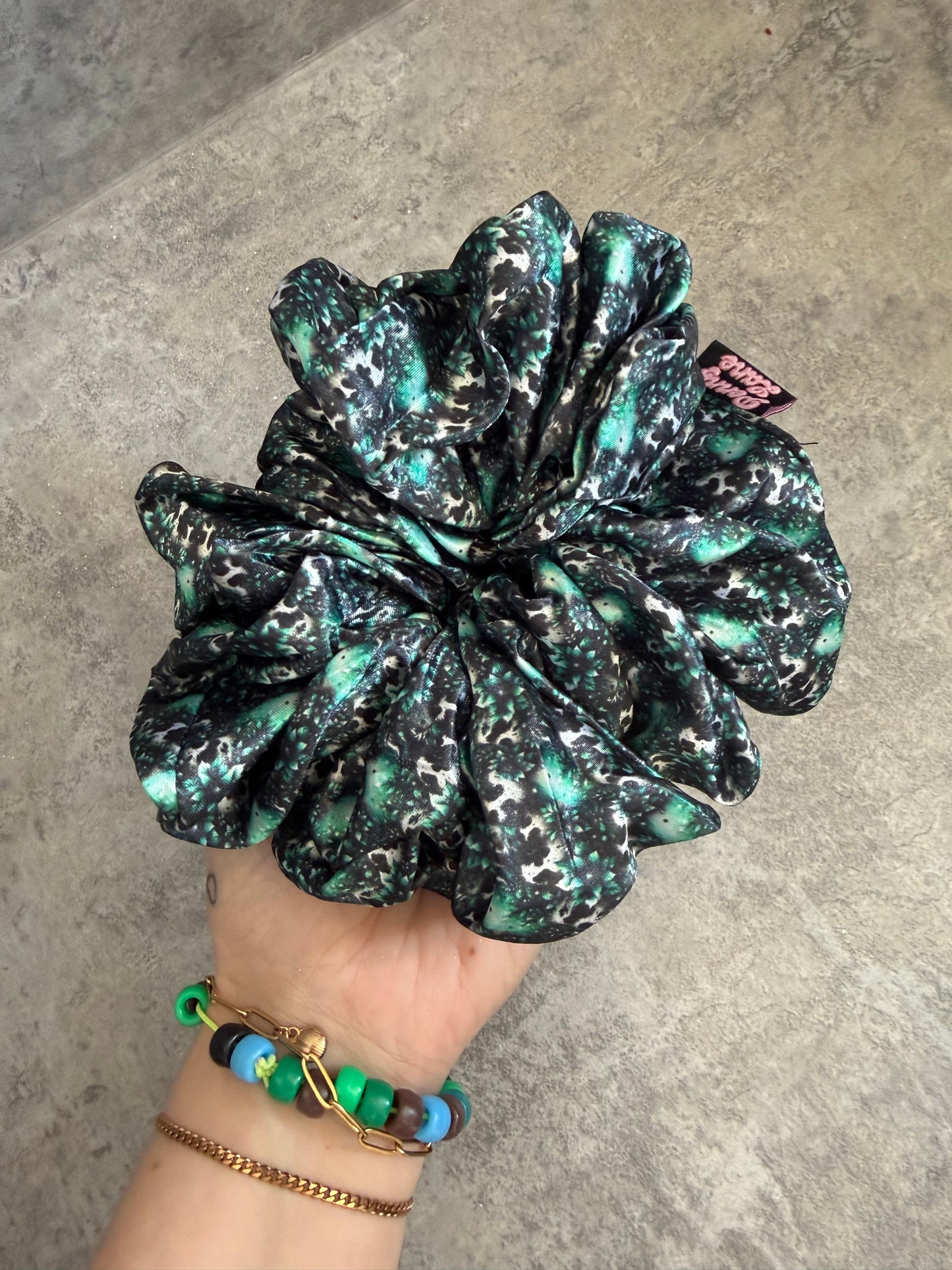 Green sparkle cow print XL Satin Hair Scrunchie