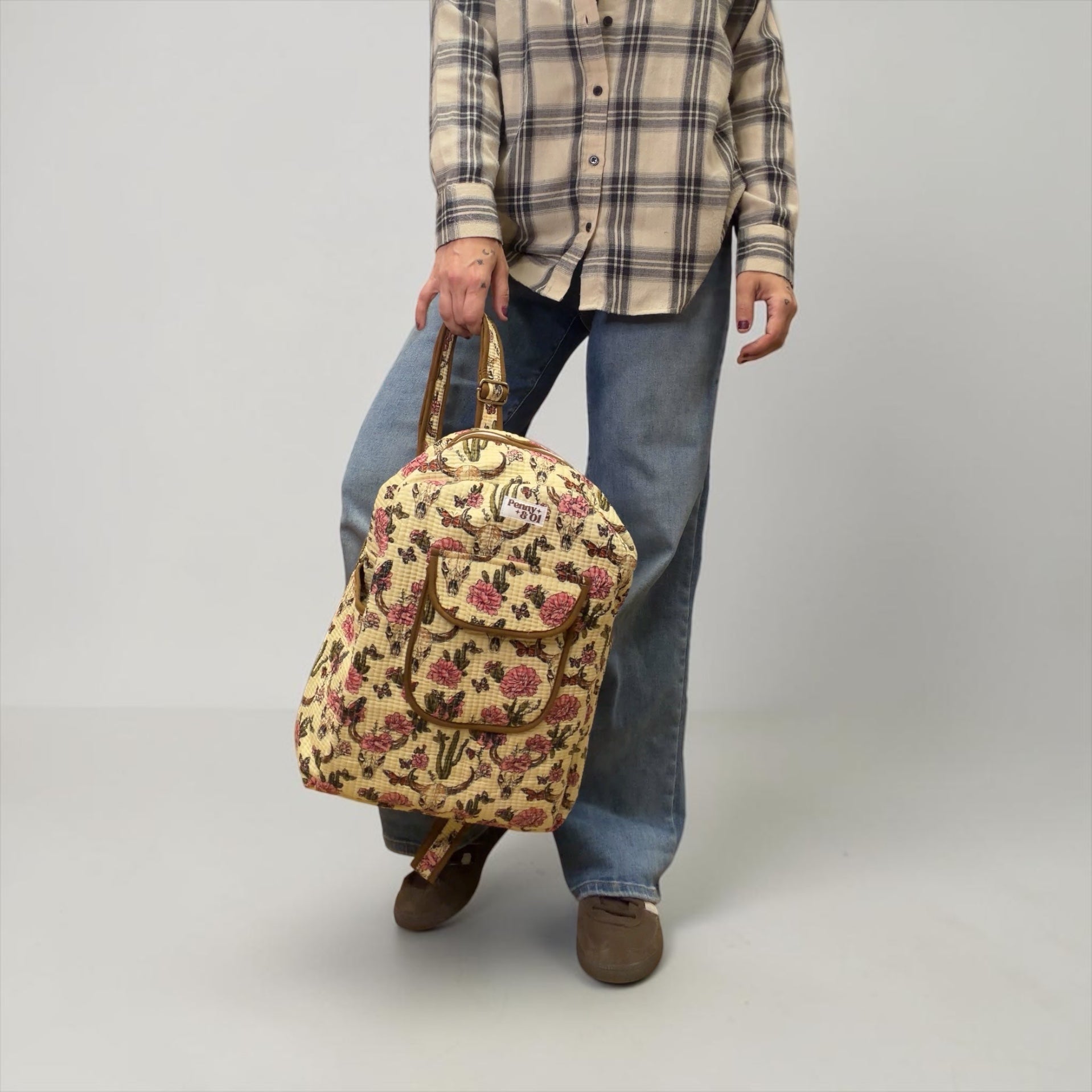Brown Vintage Western Backpack, handmade cotton tote bags