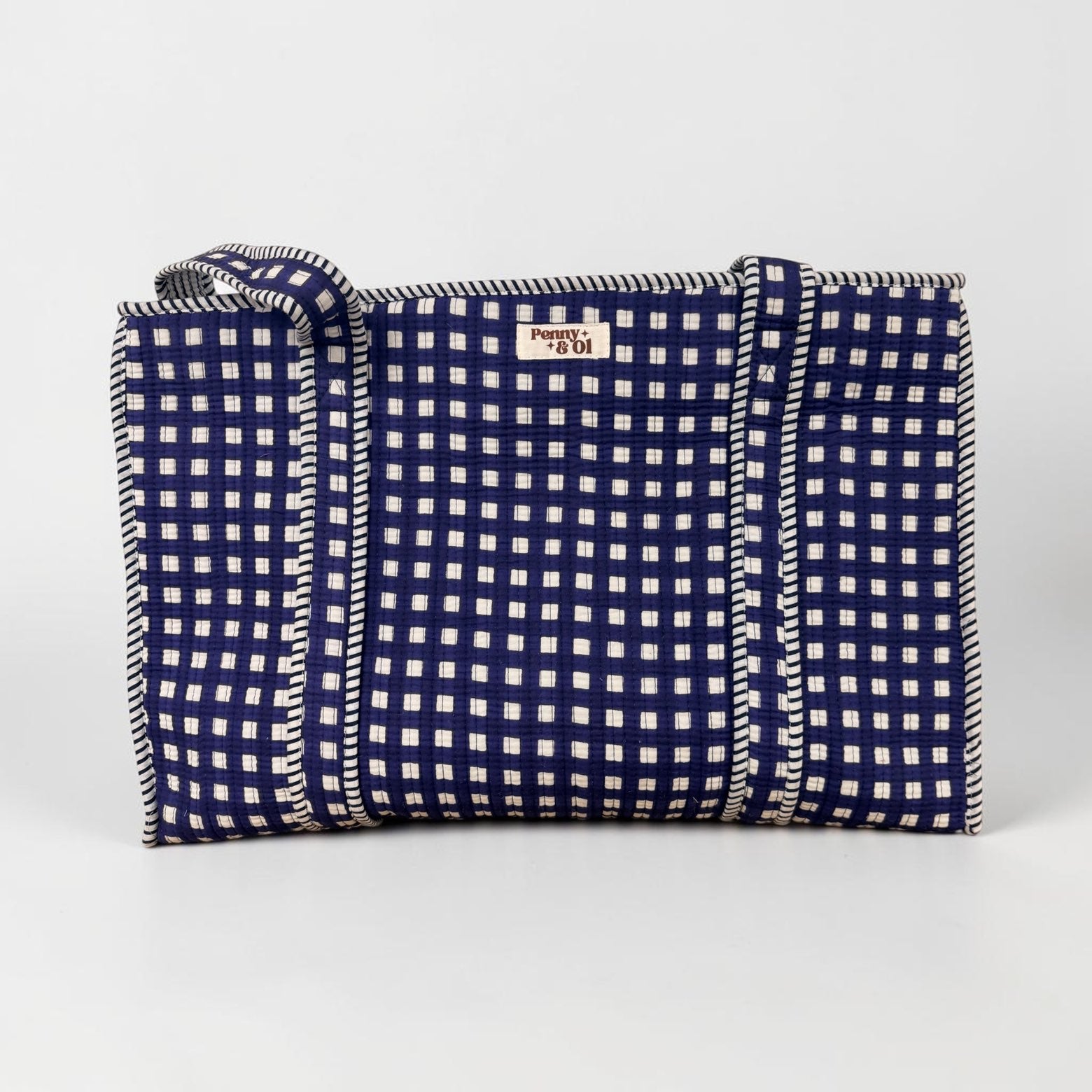 Navy Gingham Large Cotton Tote, handmade tote bags