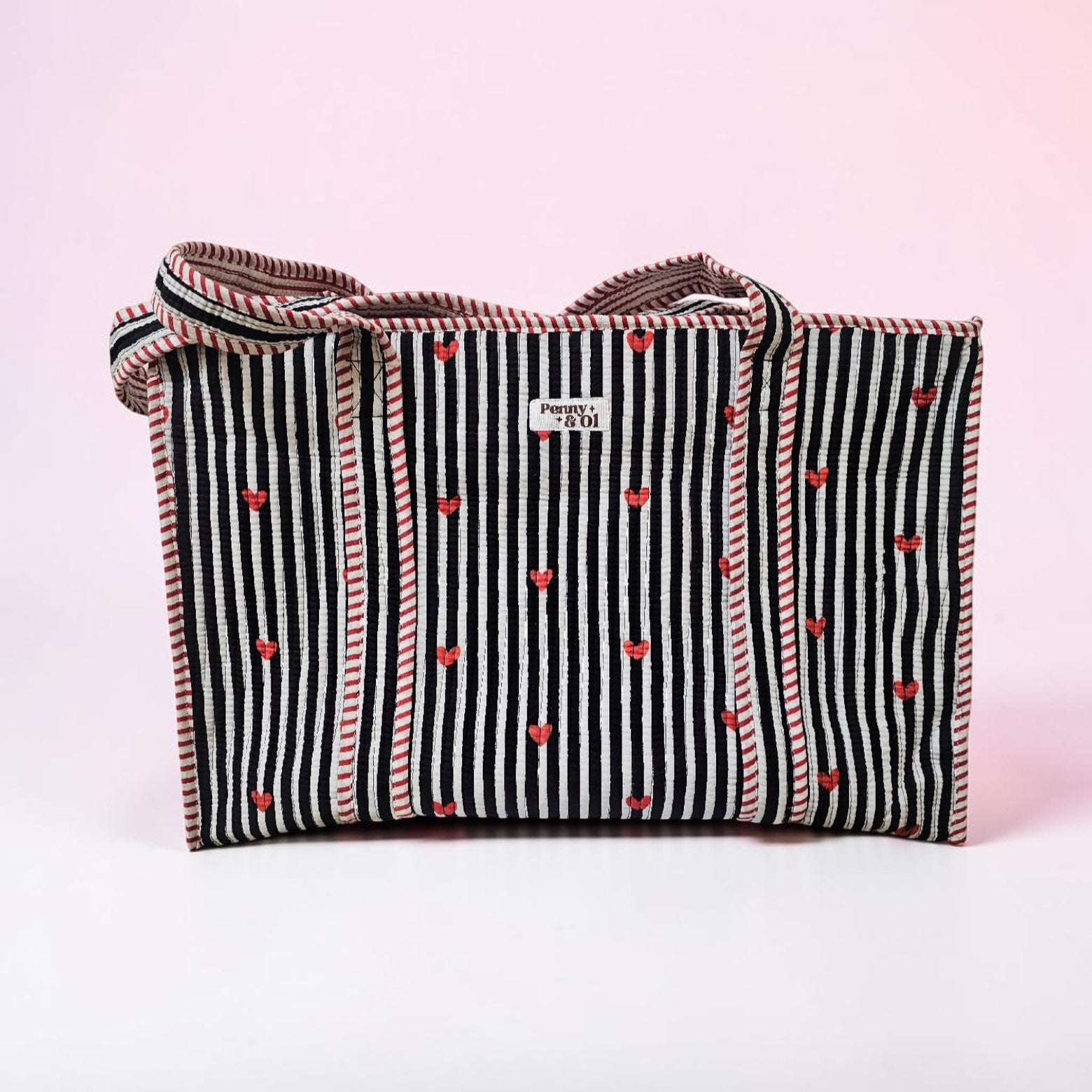 Black Striped Hearts Large Tote, tote bags. Cotton tote bags