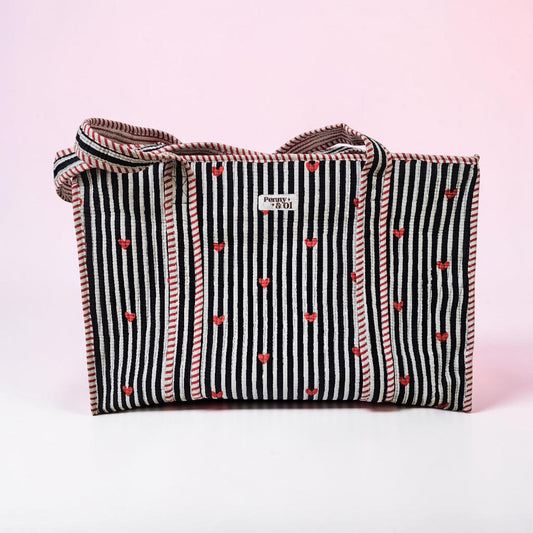 Black Striped Hearts Large Tote, tote bags. Cotton tote bags
