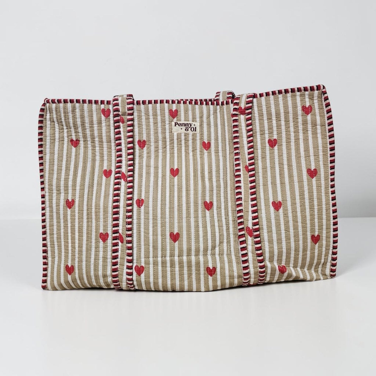 Beige Striped Hearts Large Tote. Cotton, handmade