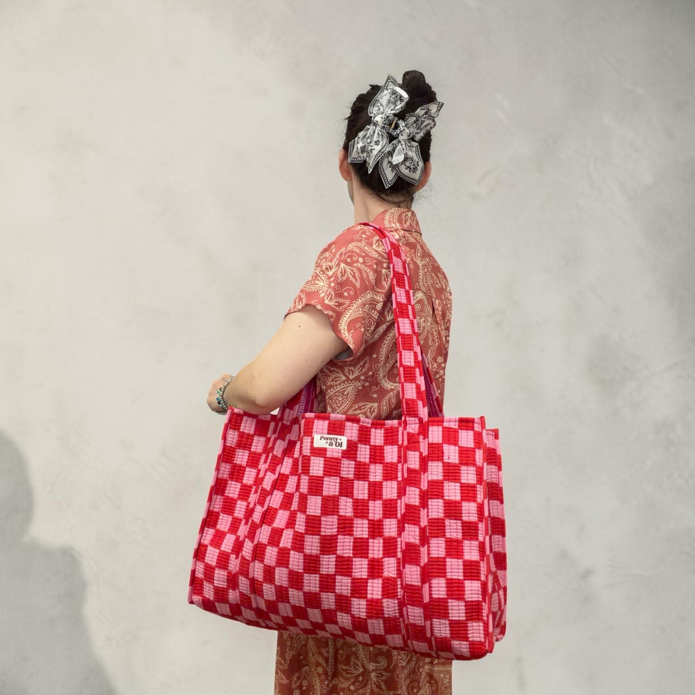 Pink and red checkerboard and gingham REVERSIBLE Large Cotton Tote Bag, handmade tote bags