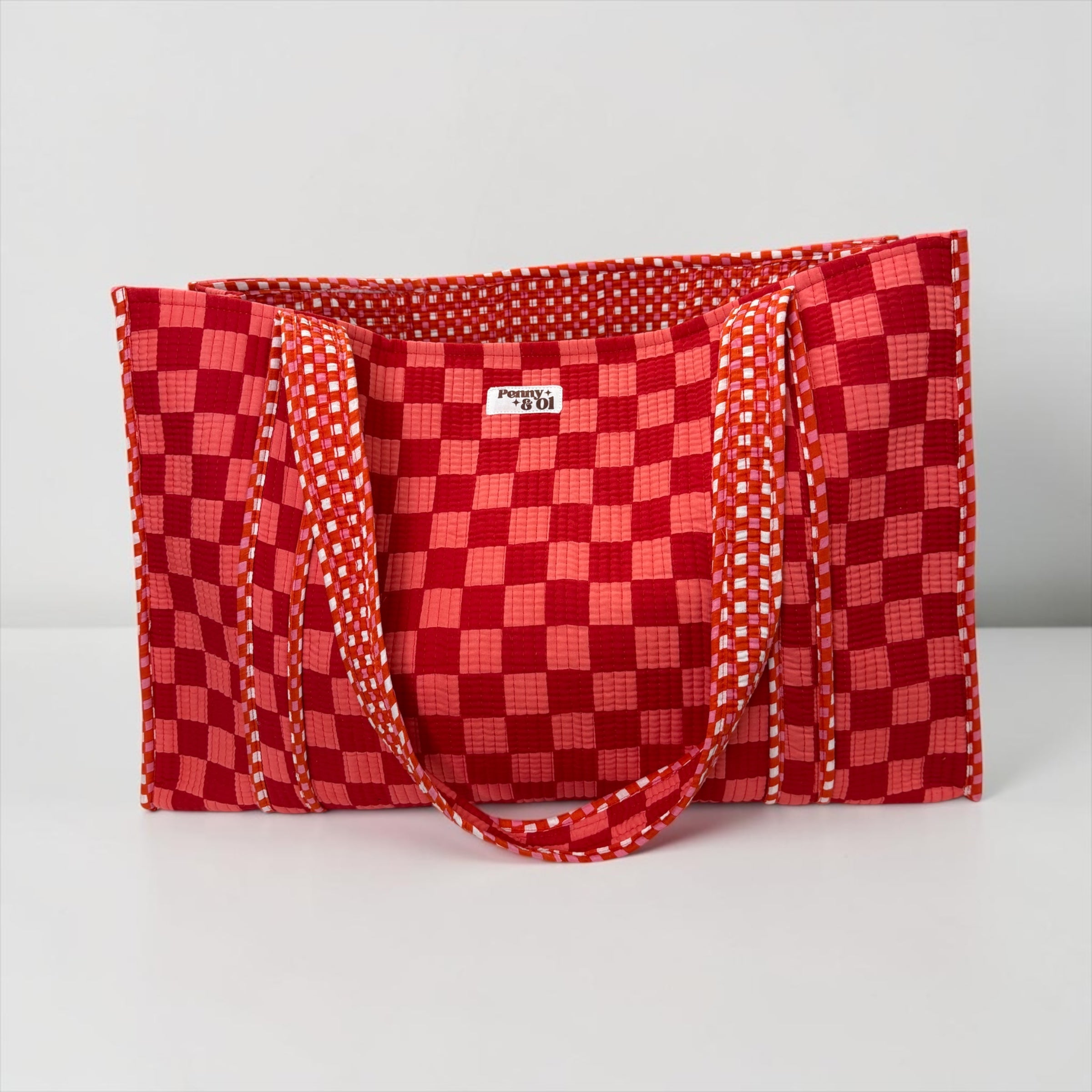 Pink and red checkerboard and gingham REVERSIBLE Large Cotton Tote Bag, handmade tote bags