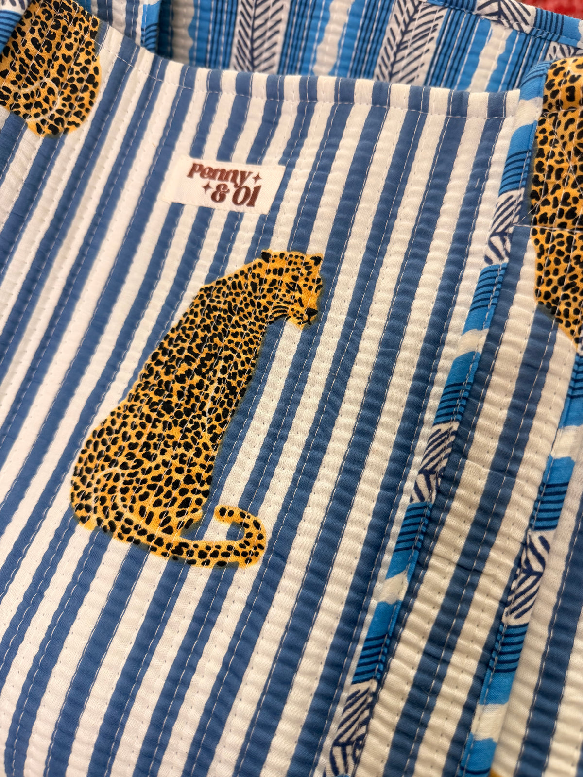 Blue Stripe Leopard REVERSIBLE Large Cotton Tote Bag, handmade tote bags