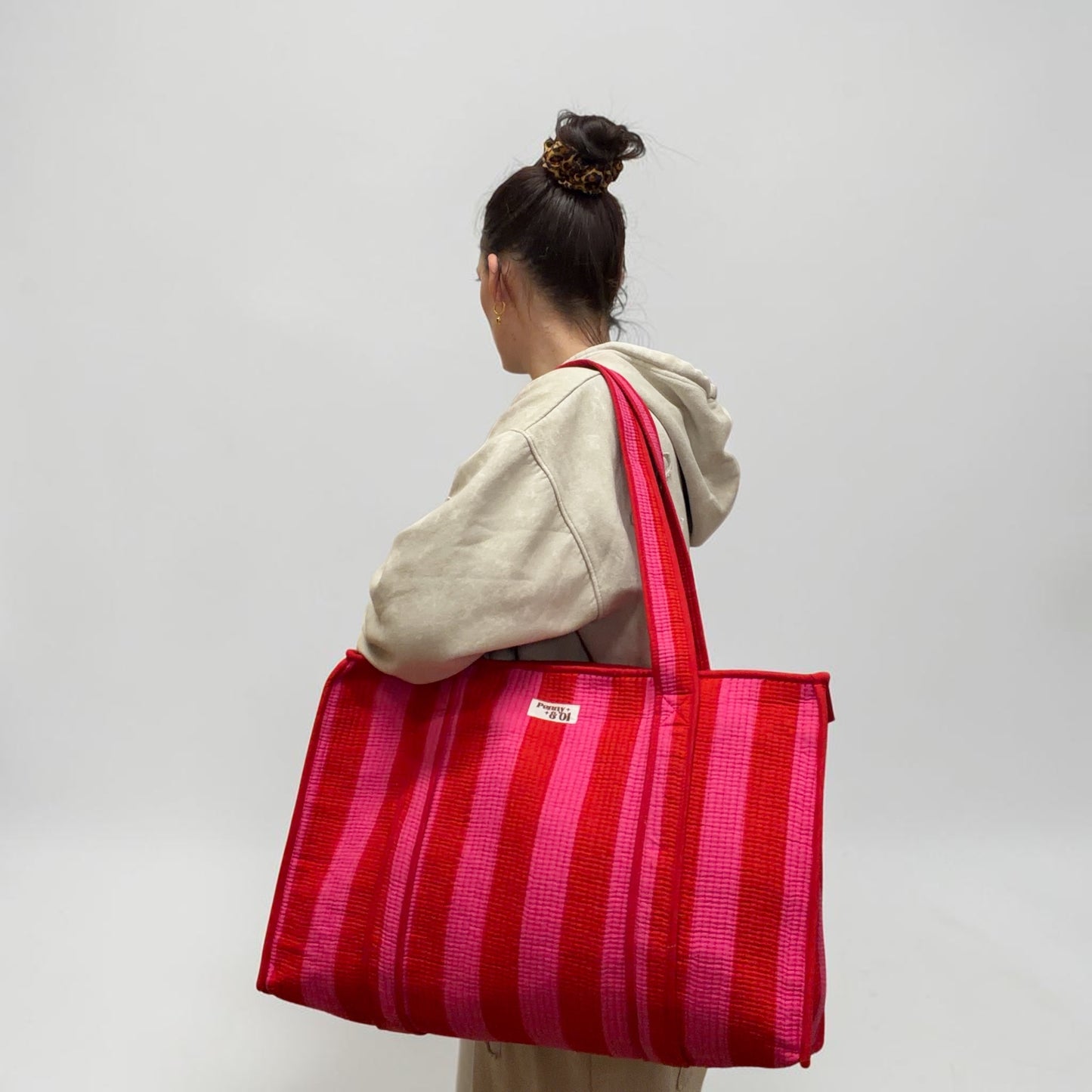 Pink & Red Stripes LARGE Cotton Tote Bag