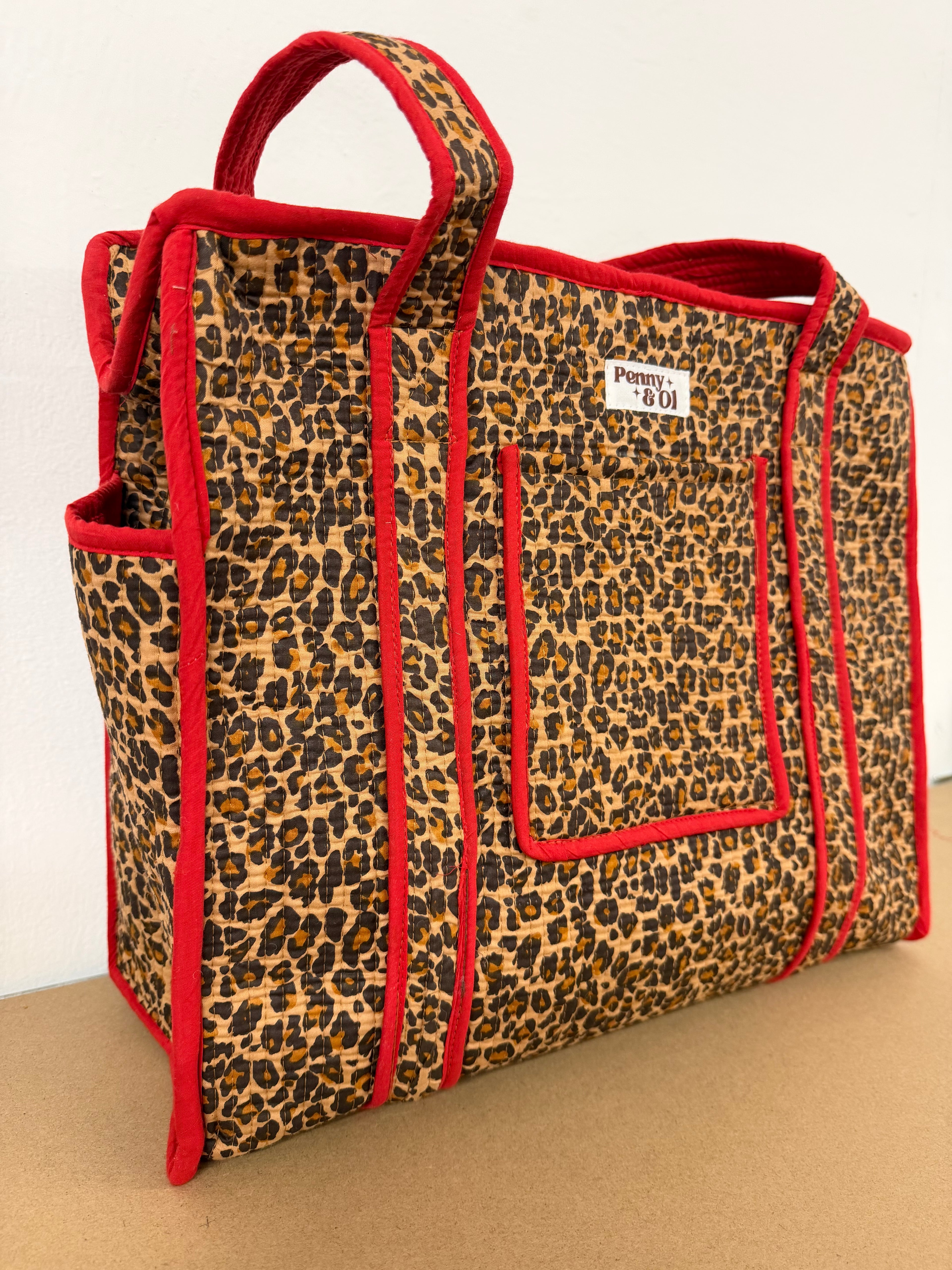 Red Leopard Print Travel Tote, Handmade Cotton Tote Bag