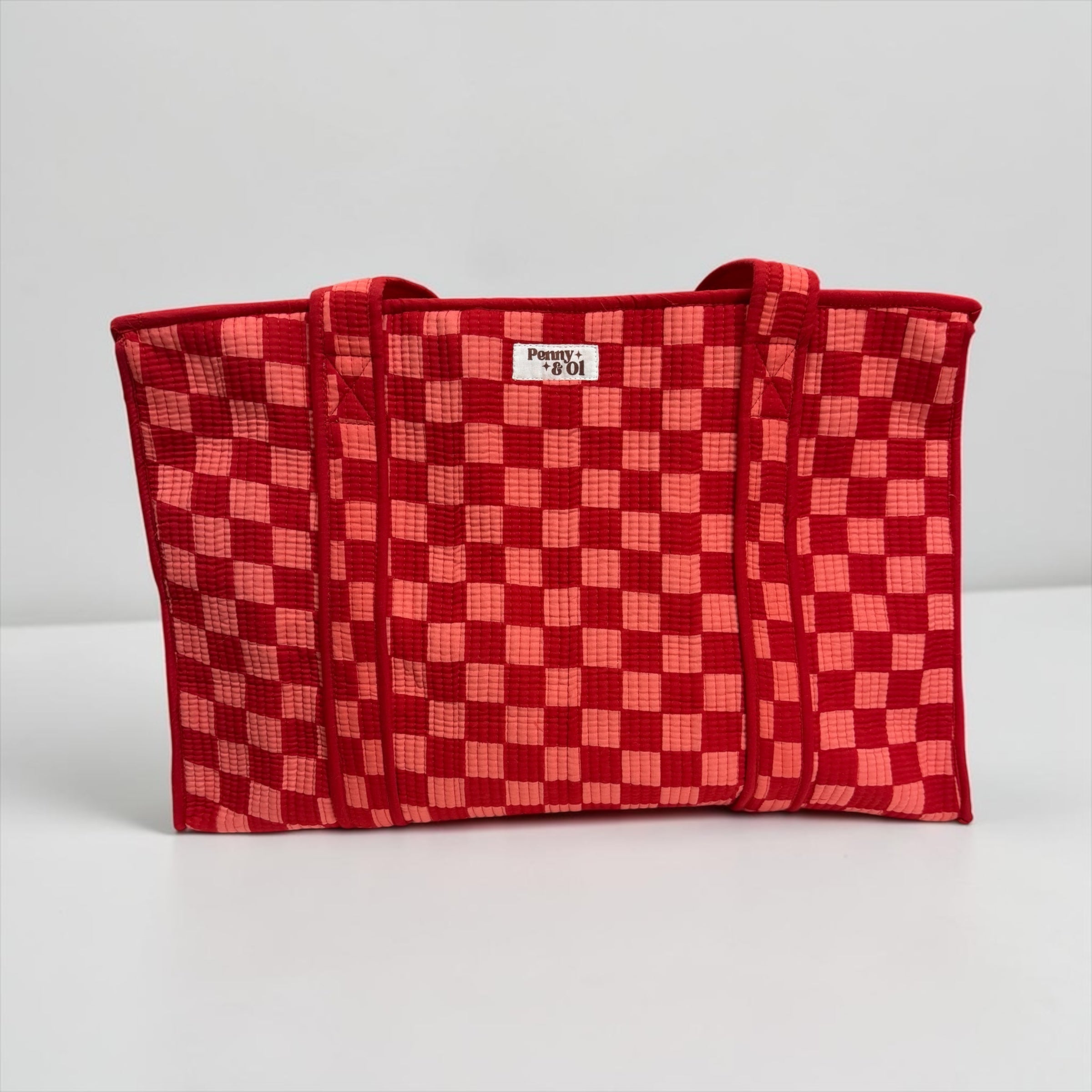 Pink & Red Checkerboard LARGE Cotton Tote Bag