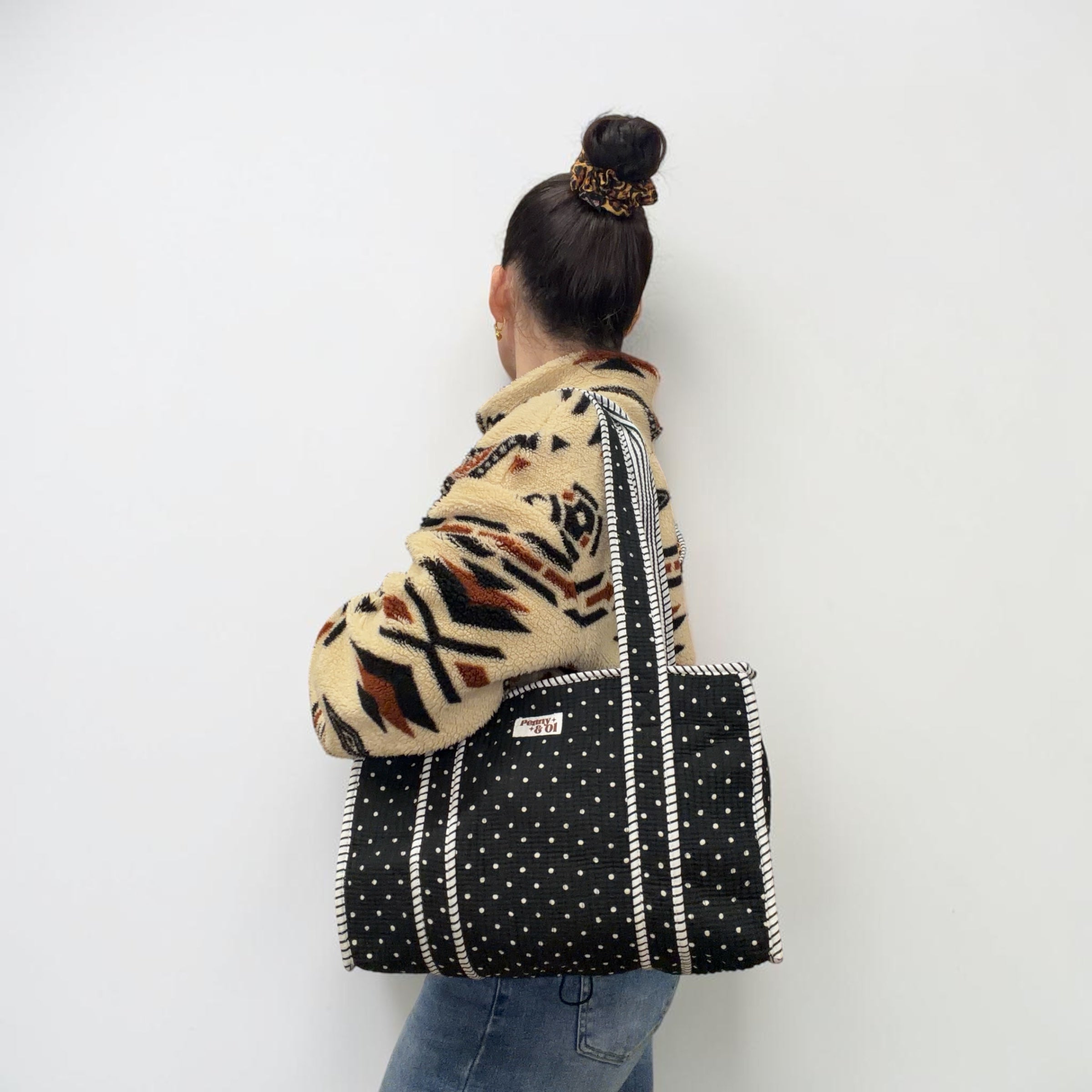 Black polka dot Medium Cotton, handmade tote bag