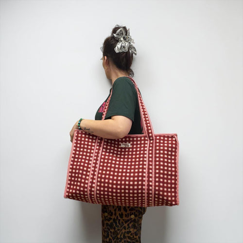 Burgundy Gingham LARGE Cotton Tote Bag