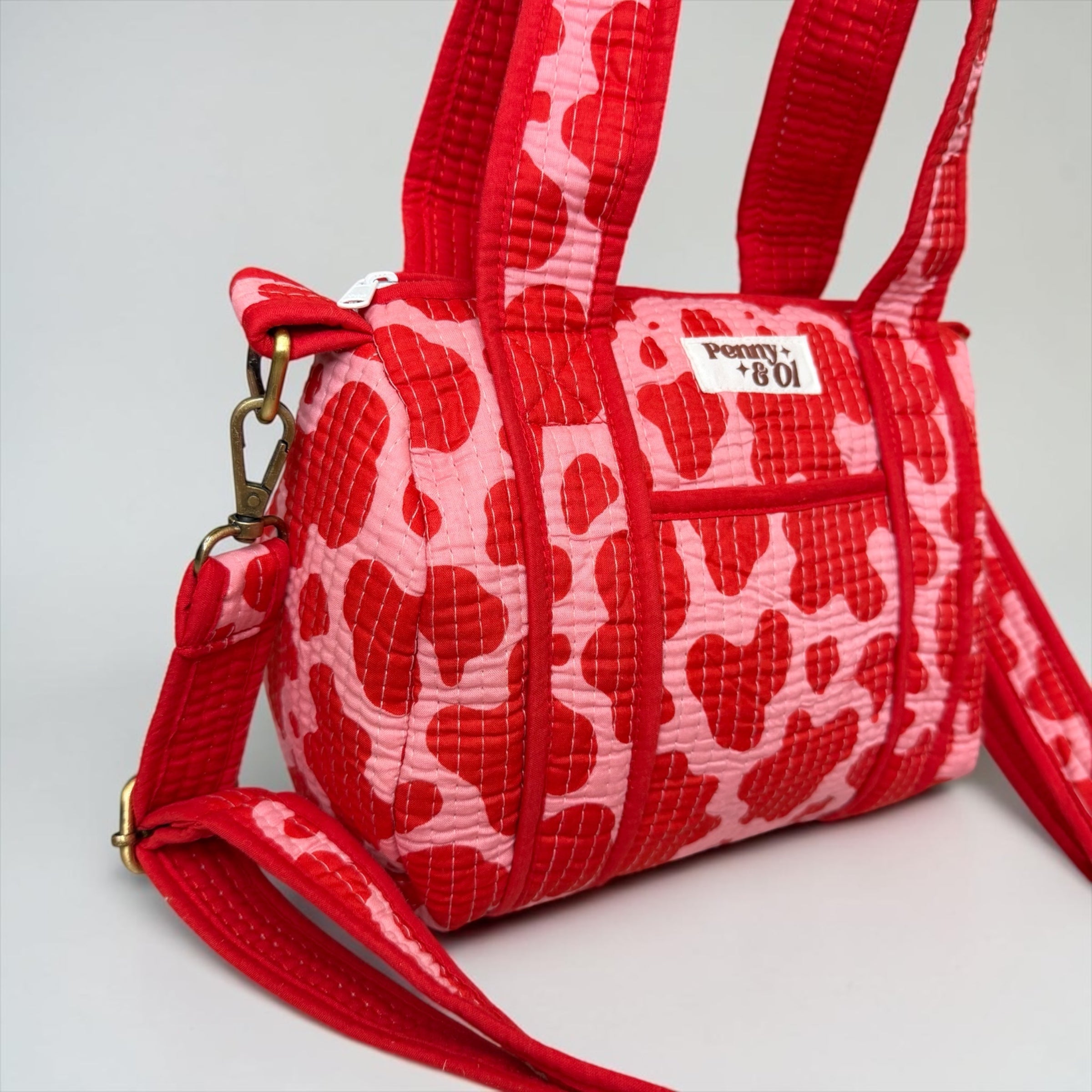 Pink & Red Cow Print Mini Duffle Tote Bags - Penny & Ol
