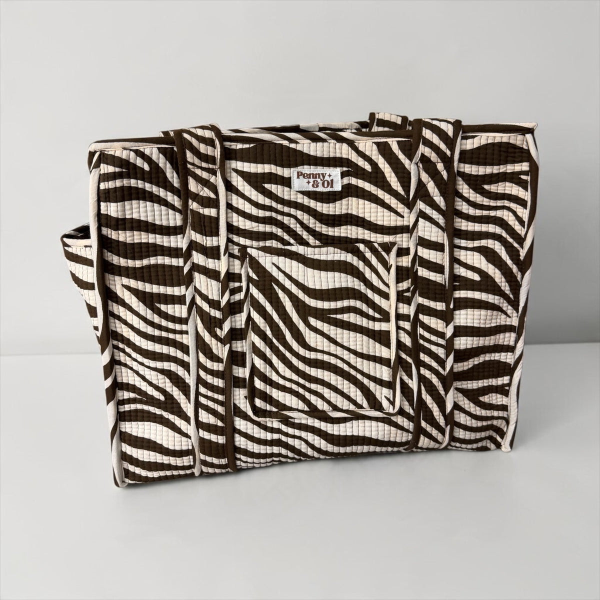 Brown Zebra Travel Tote, Handmade Cotton Tote Bag