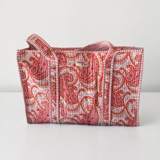 Pink & Cream Paisley Large Cotton Tote Bag, handmade tote bags