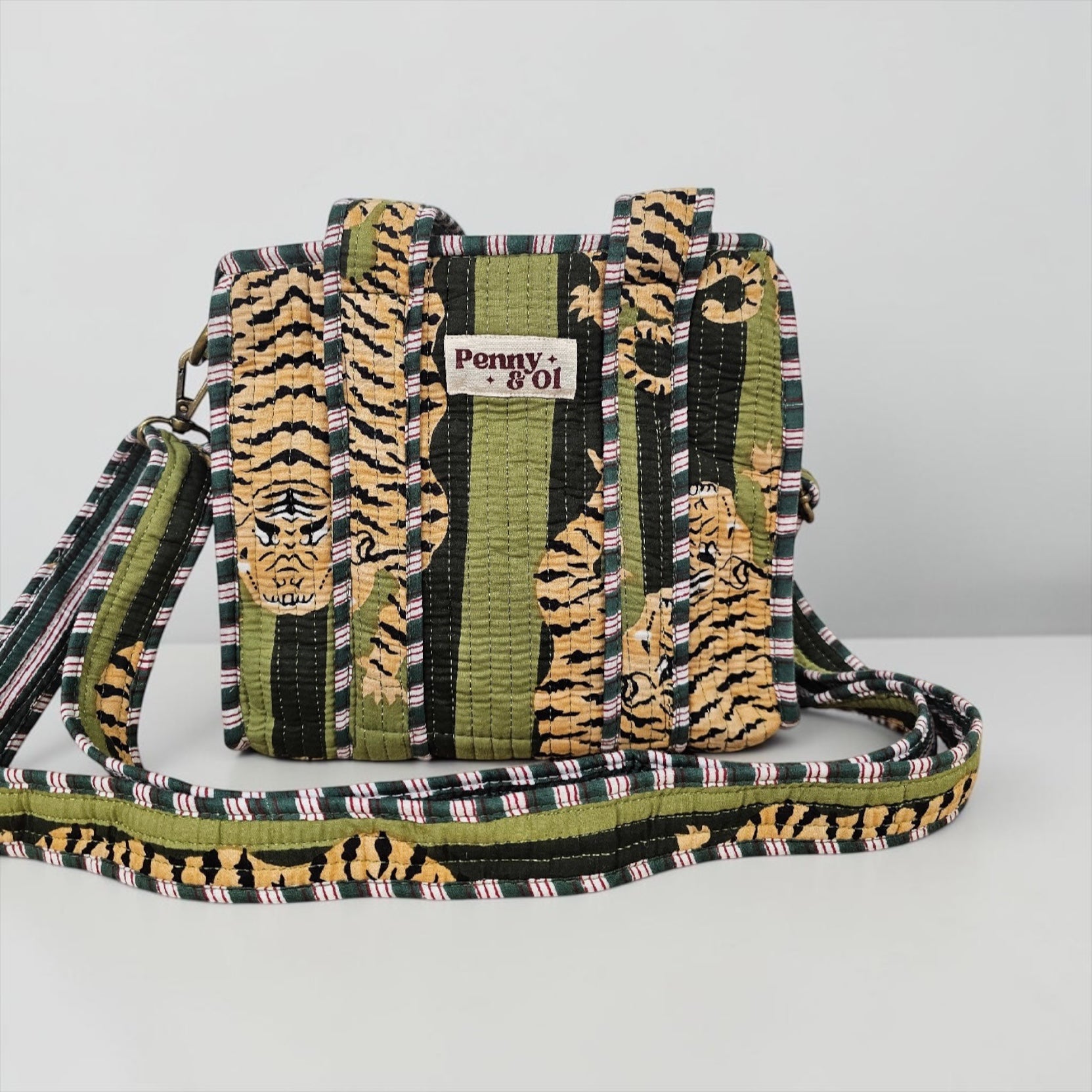 Moss Striped Tiger Collection, cotton tote bags, handmade tote.