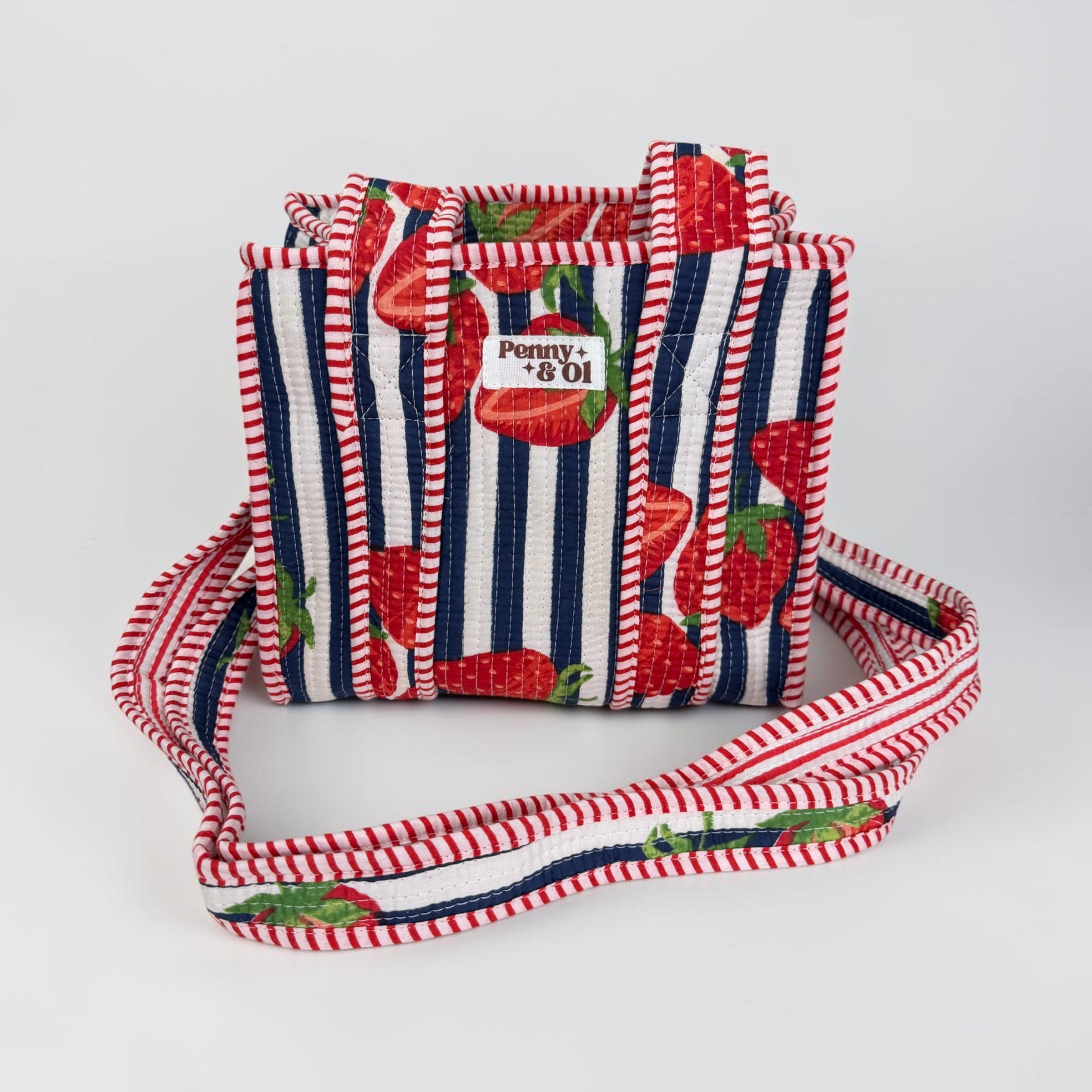 Navy Stripe Strawberry Mini Tote Bag - Penny & Ol