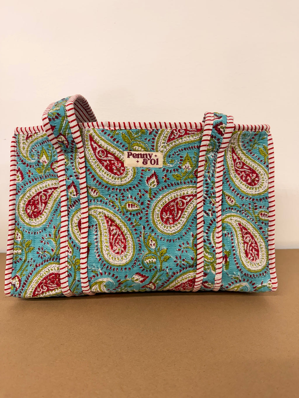 Turquoise Paisley Medium Cotton, handmade tote bag