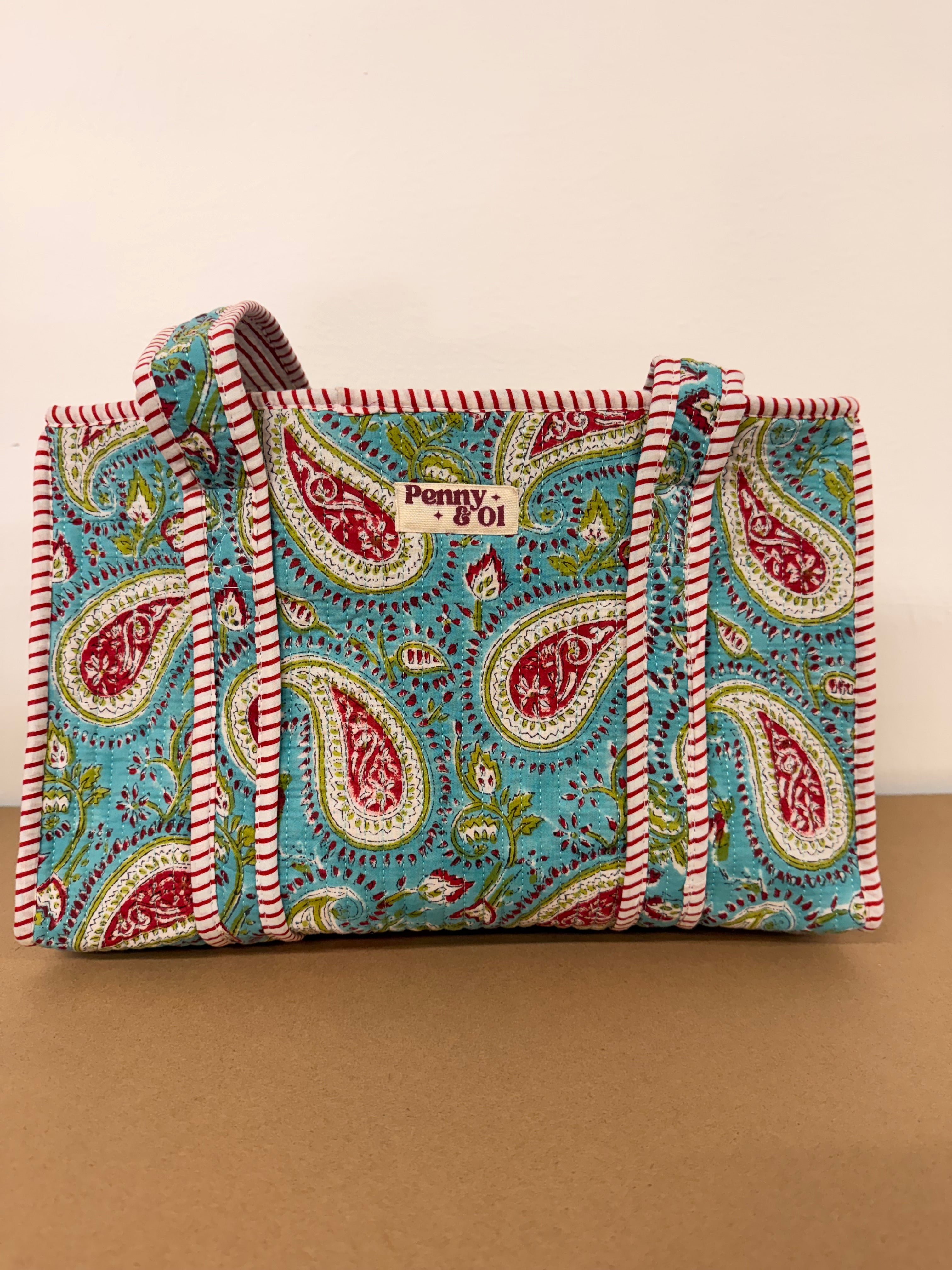 Turquoise Paisley Medium Cotton, handmade tote bag