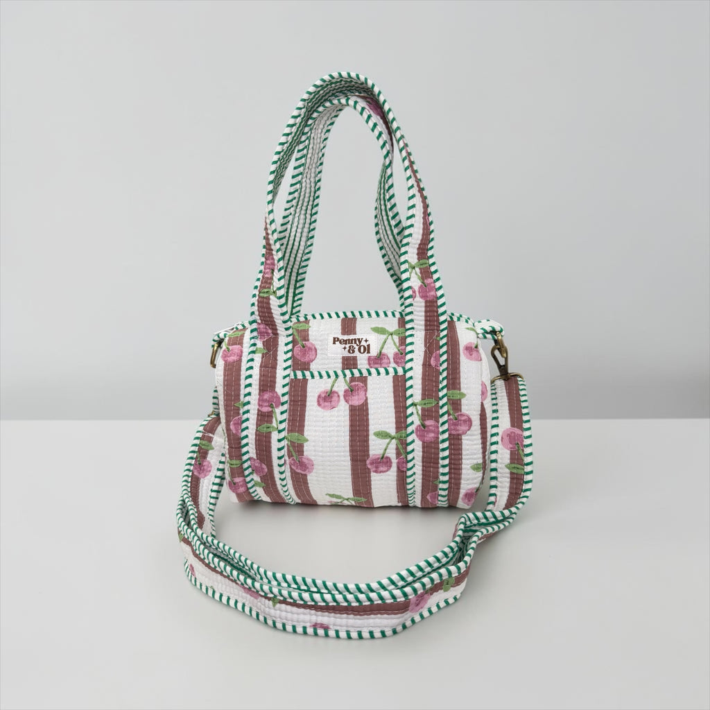 Mauve Stripe Cherries MINI DUFFLE Tote Bags - Penny & Ol