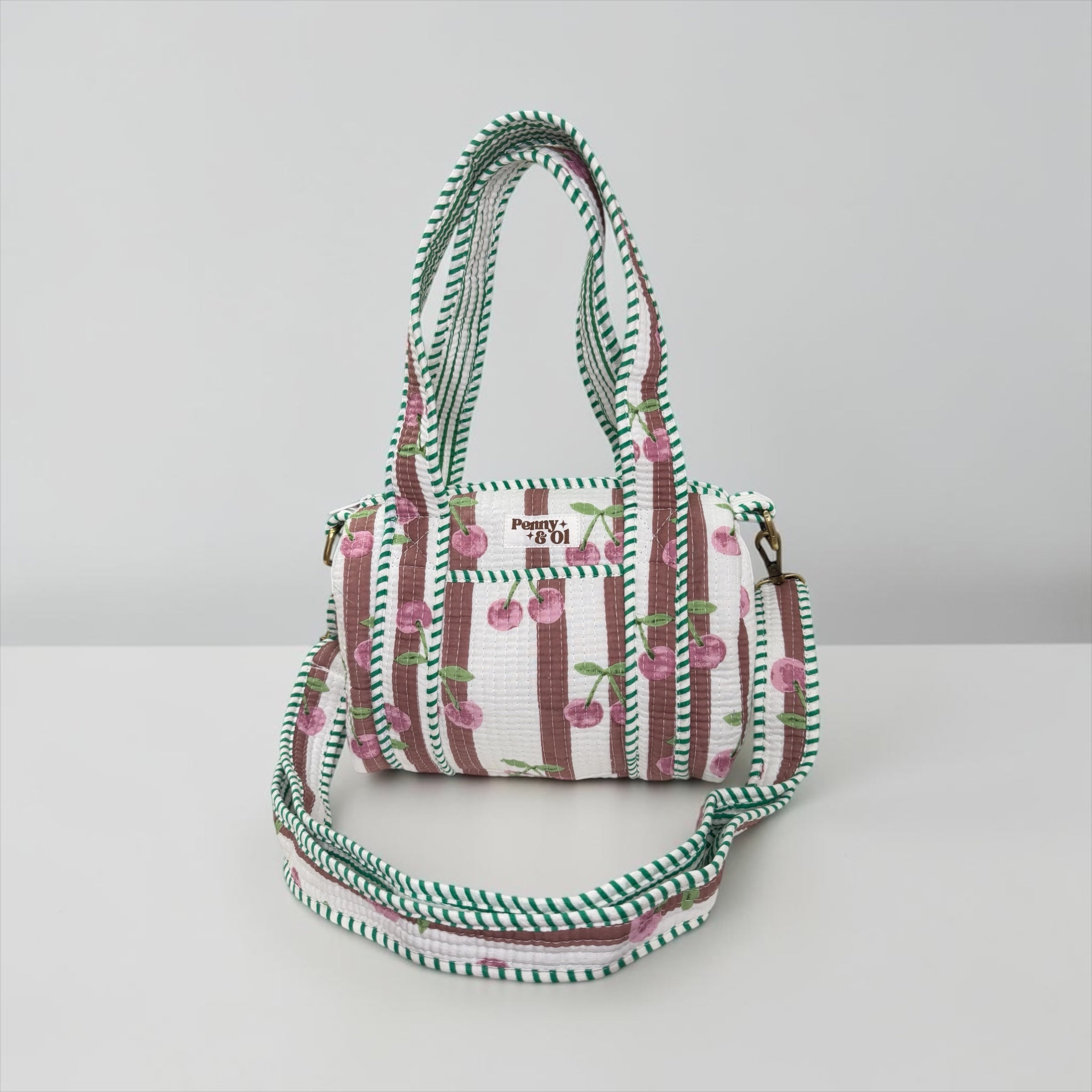Mauve Stripe Cherries MINI DUFFLE Tote Bags - Penny & Ol
