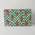 Green Checkerboard Leopard Large Cotton Tote Bag, handmade tote bags