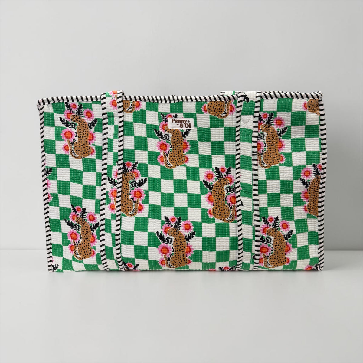 Green Checkerboard Leopard Large Cotton Tote Bag, handmade tote bags