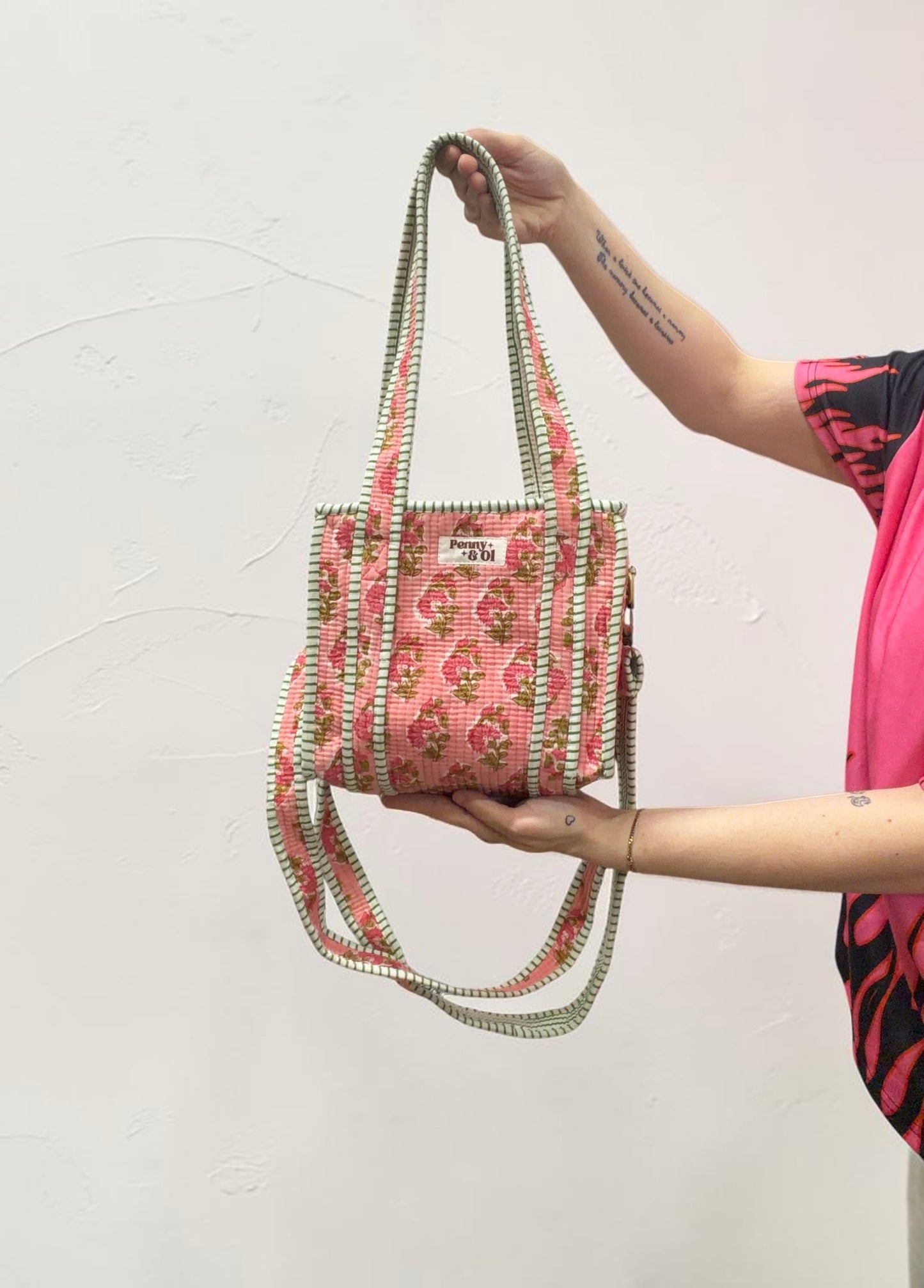 Pink Floral Blockprint Mini Tote Bag - Penny & Ol