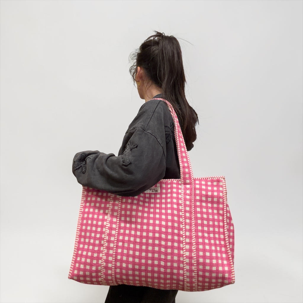 Pink Gingham LARGE tote bag, handmade cotton tote.