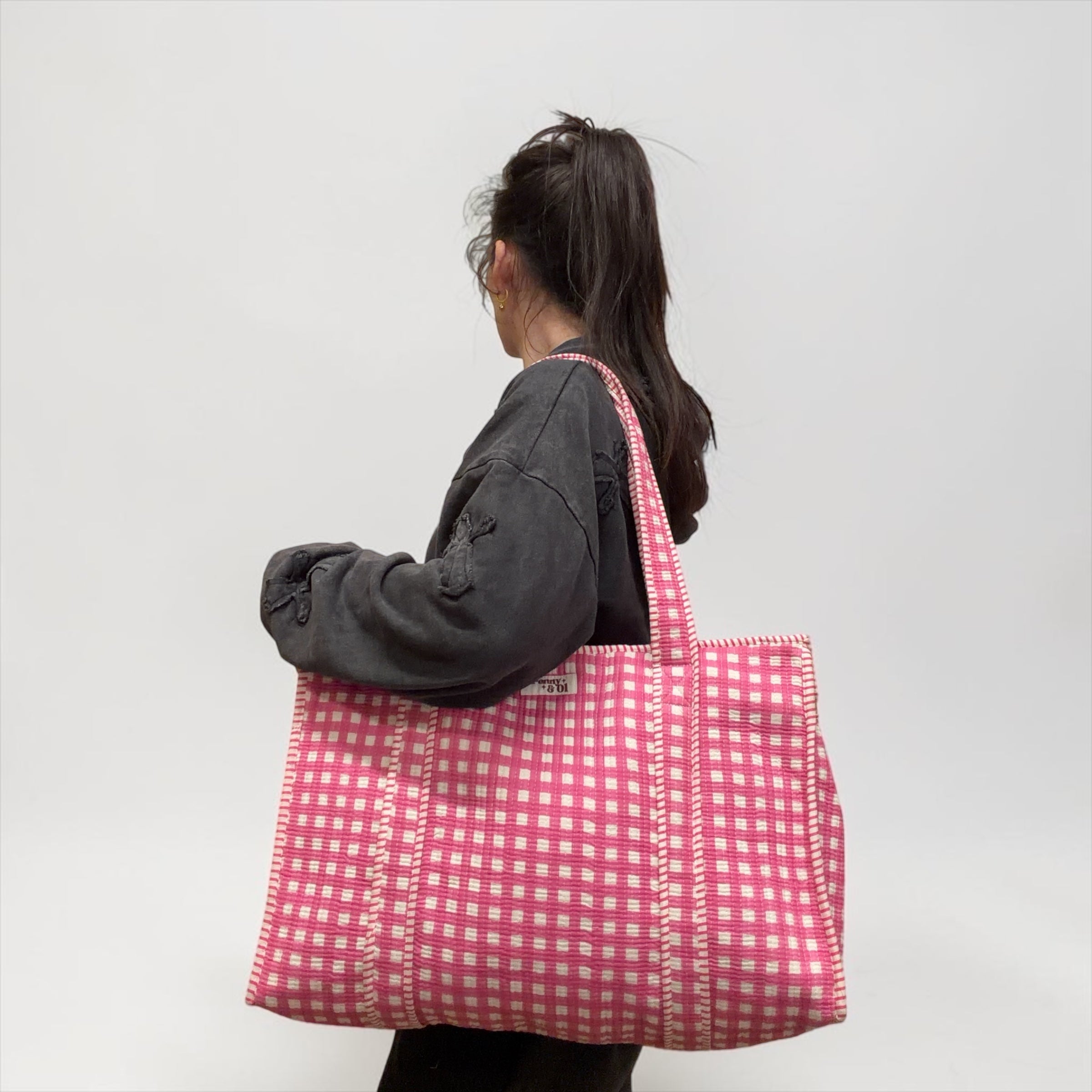 Pink Gingham LARGE tote bag, handmade cotton tote.