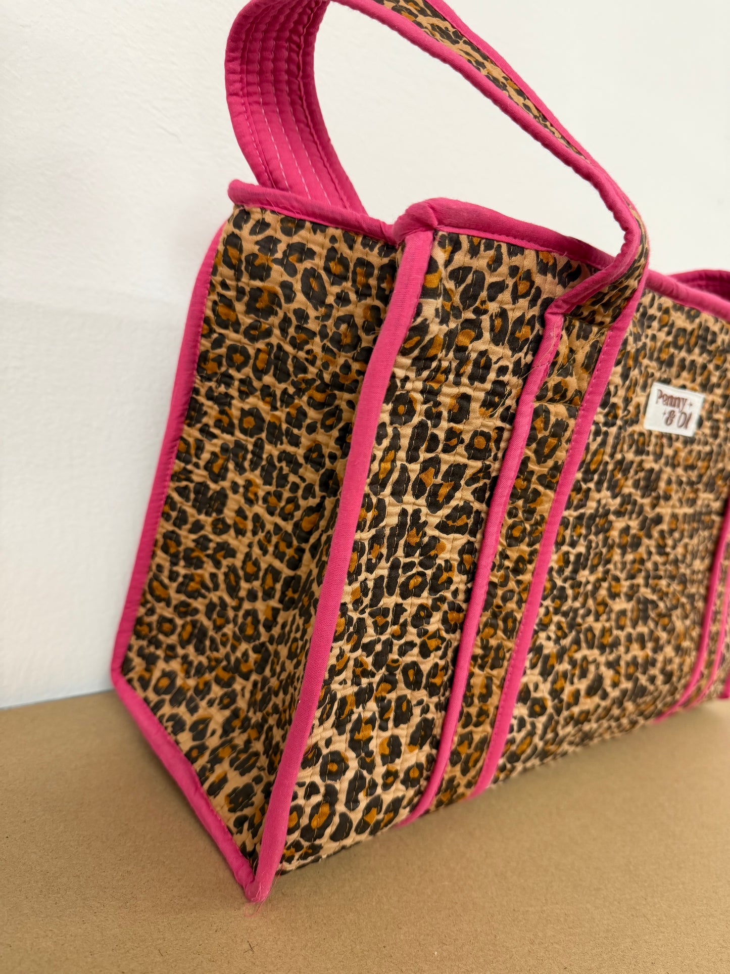 Pink Leopard Print Medium Cotton, handmade tote bag