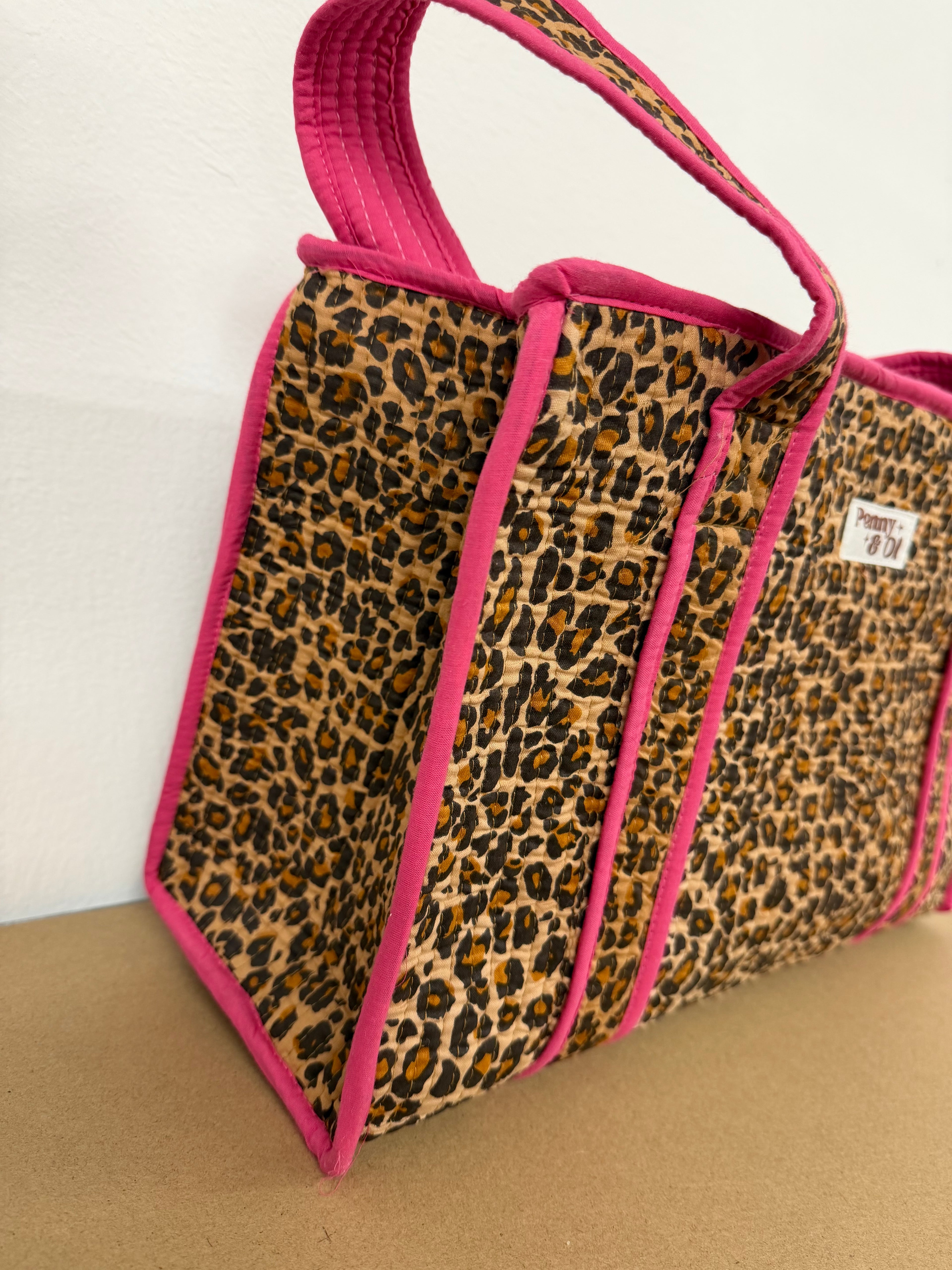 Pink Leopard Print Medium Cotton, handmade tote bag