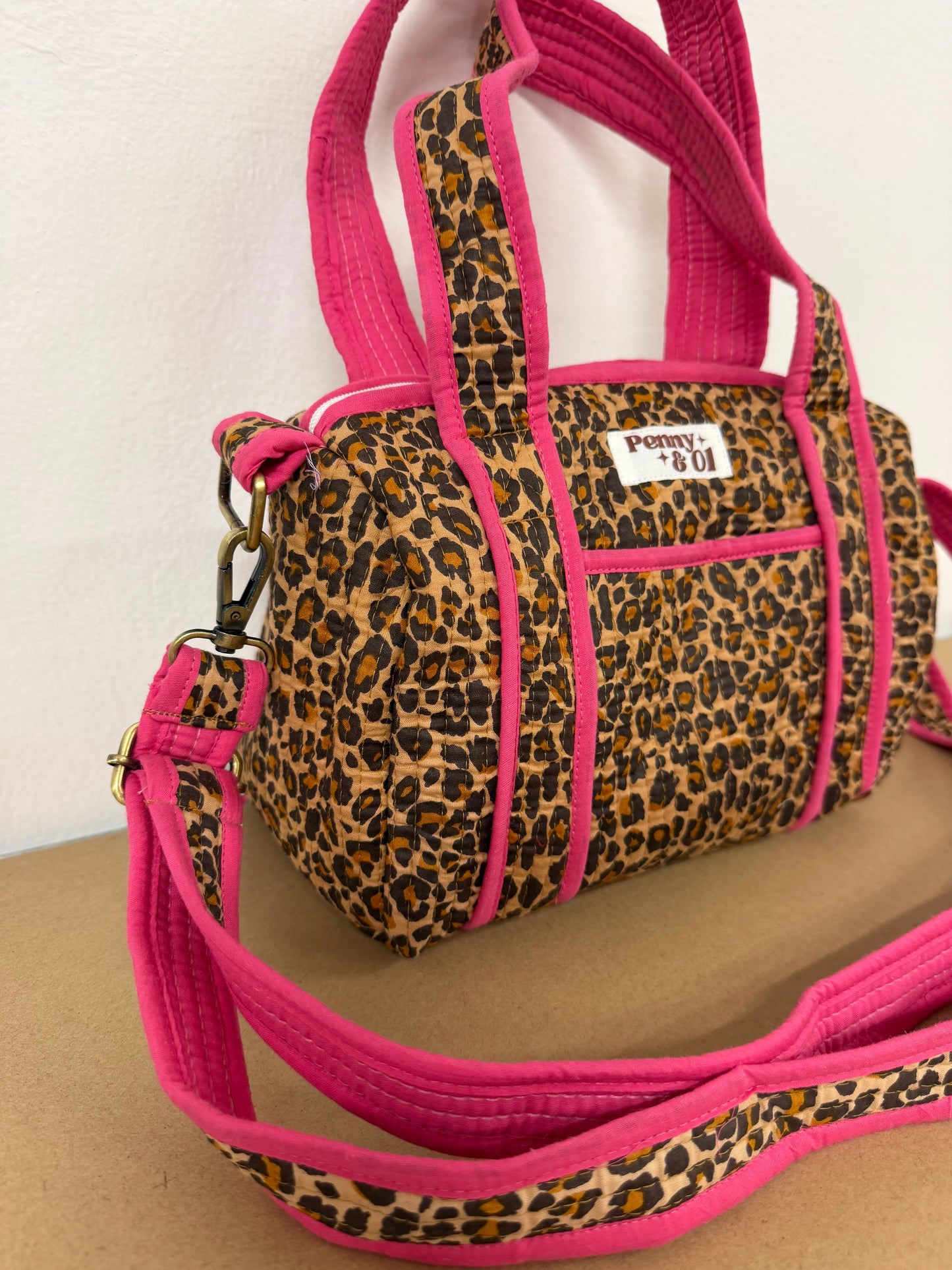 Pink Leopard Print Mini Duffle Tote, Handmade Tote Bag
