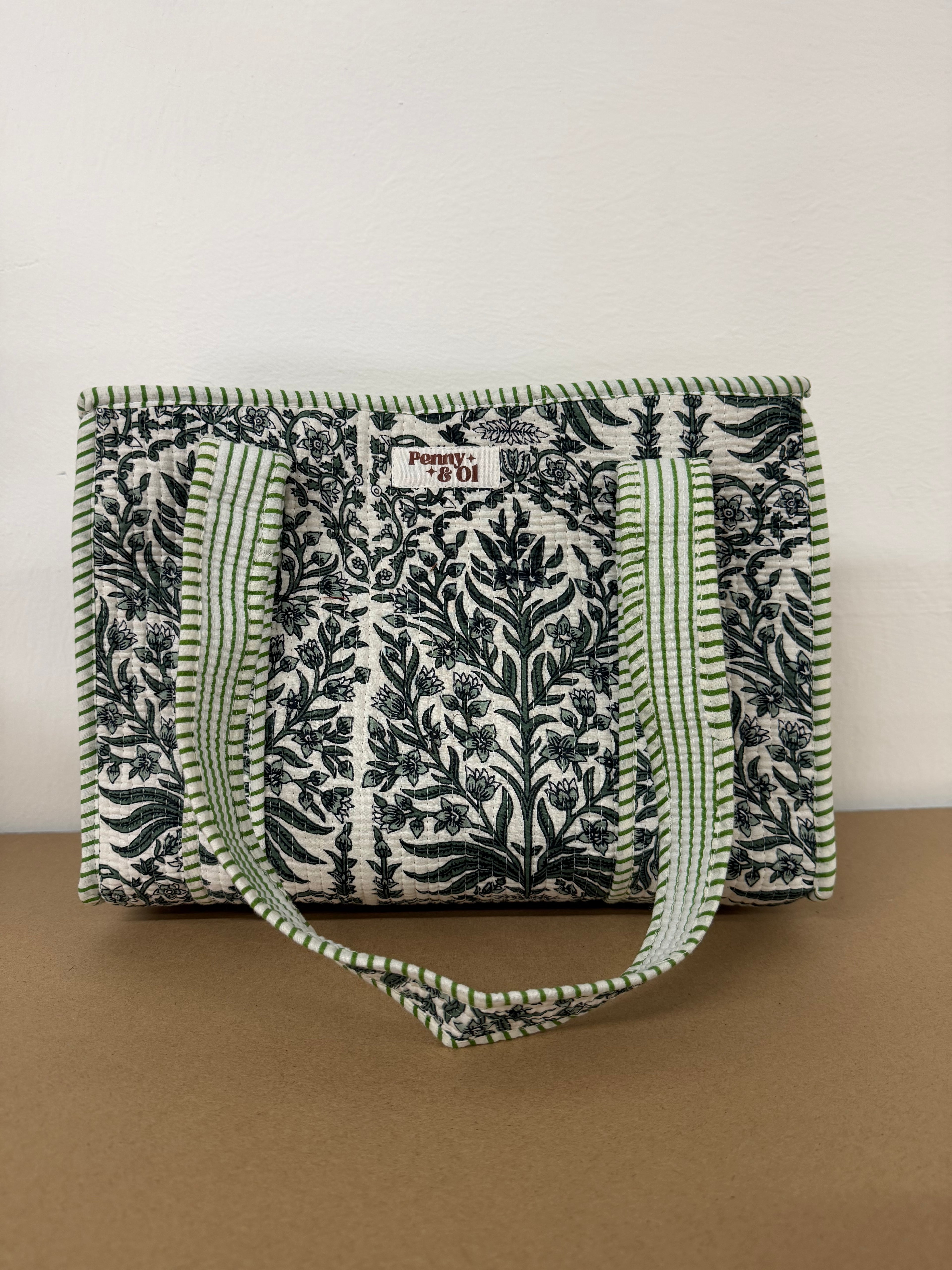 Olive Bloom Medium Cotton, handmade tote bag