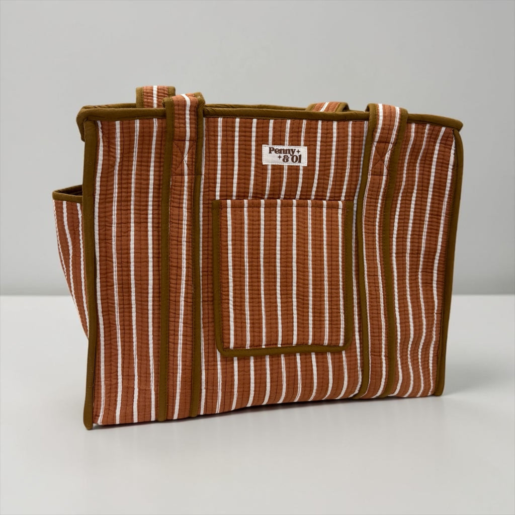 Chocolate Stripes Travel Tote, Handmade Cotton Tote Bag