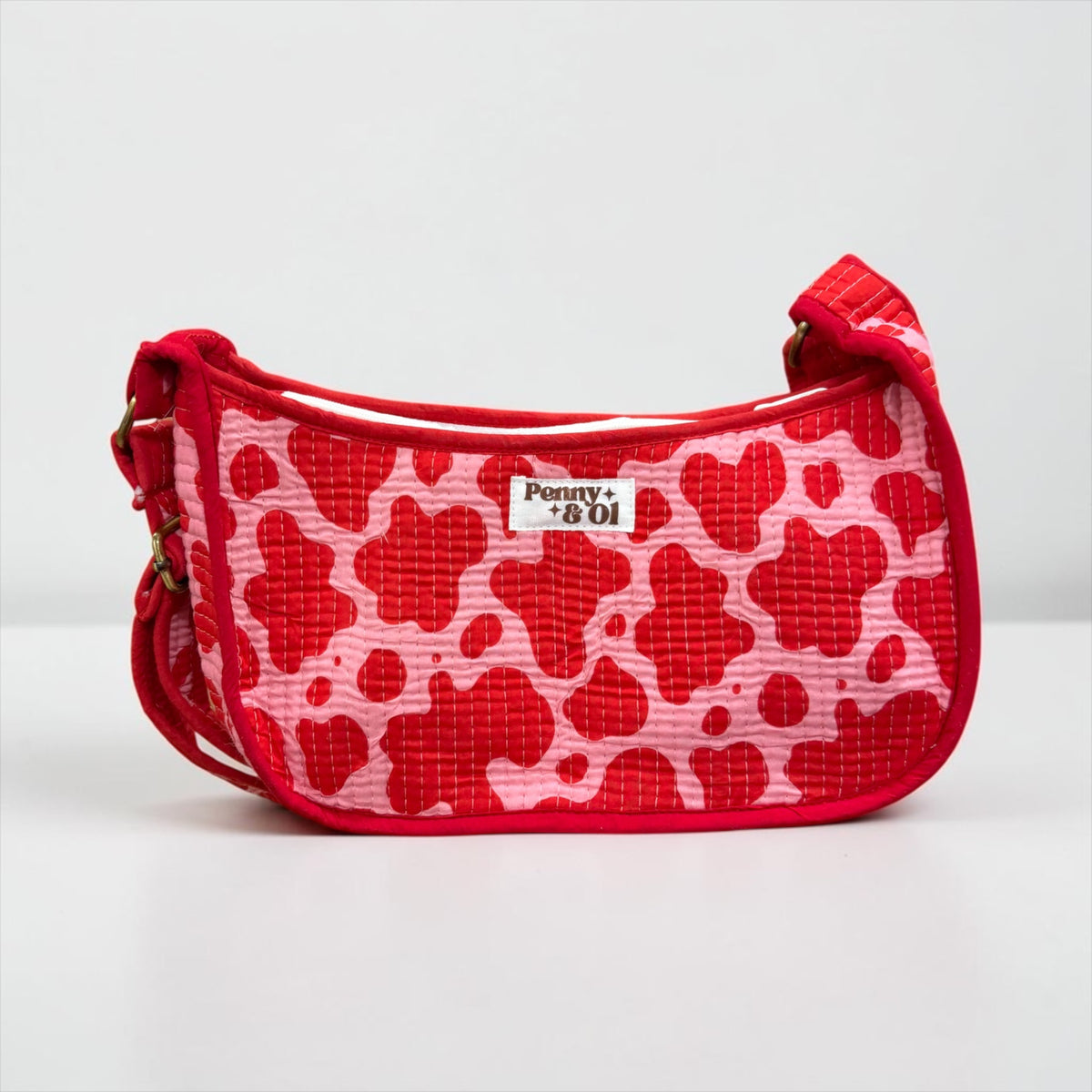 Pink & Red Cow Print Mini Shoulder Bag, Handmade Cotton Tote Bags