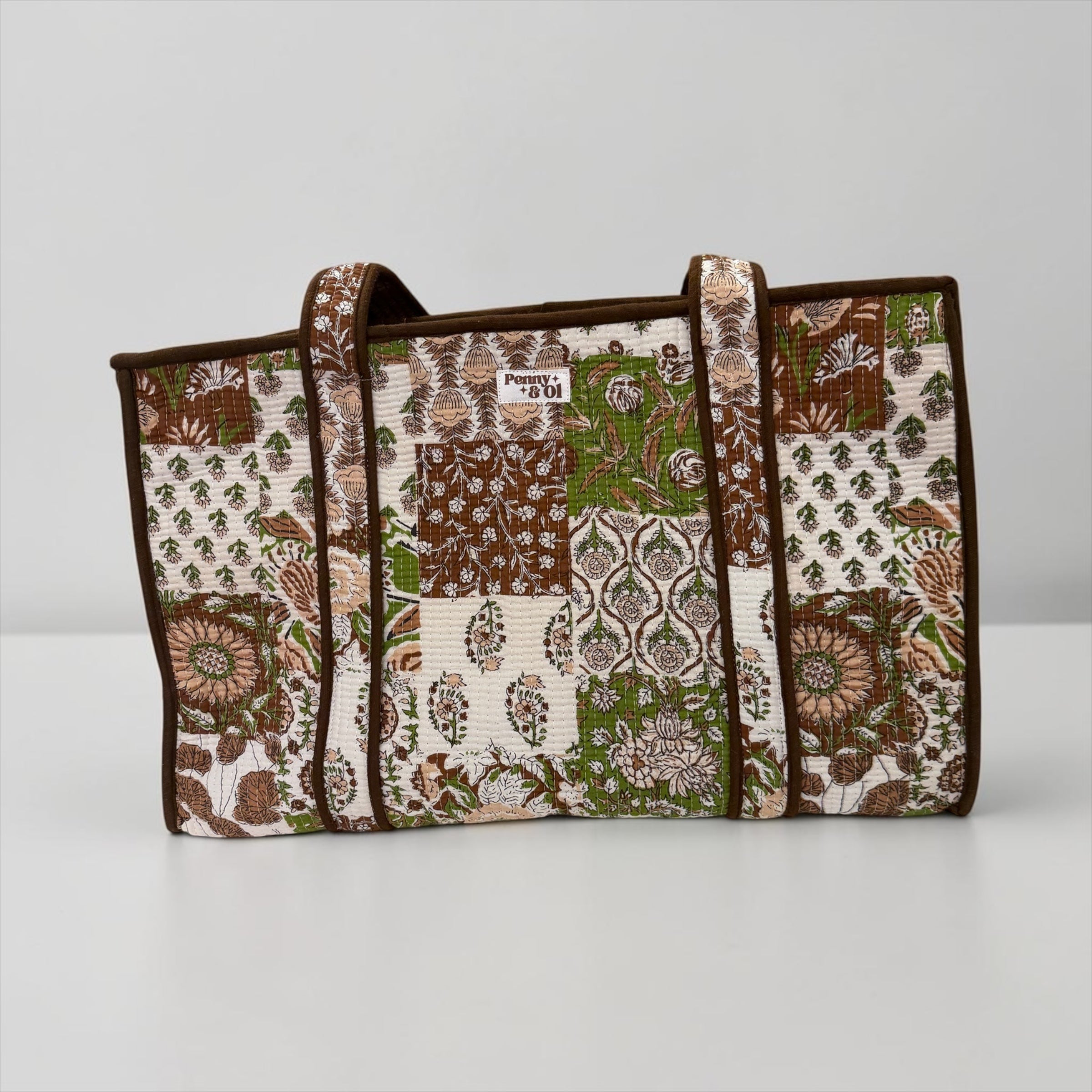 Brown Patchwork Large Cotton Tote Bag, handmade tote bags