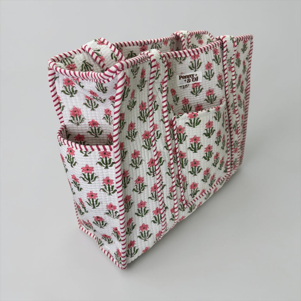 Baby Pink Floral Travel Tote, Handmade Cotton Tote Bag