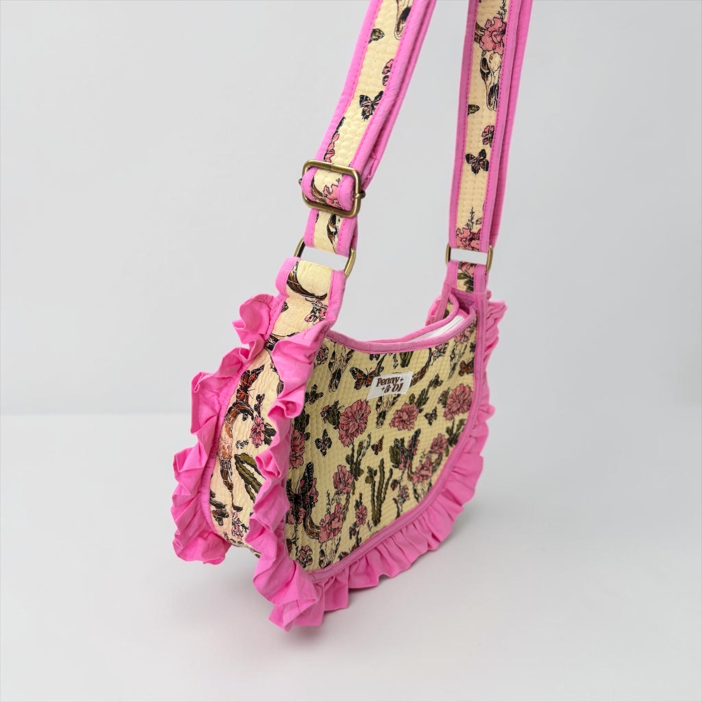 Pink Vintage Western Ruffle Shoulder Bag, Handmade Cotton Tote Bags