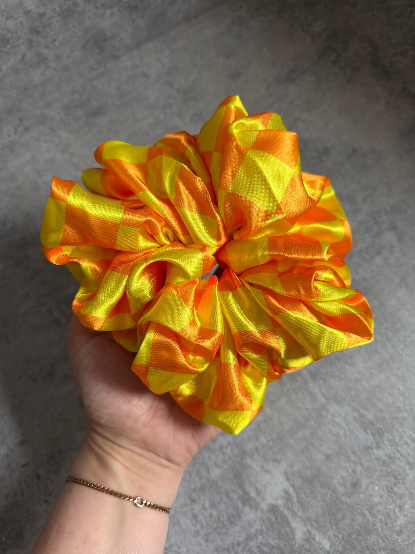 Yellow & Orange Checkerboard XL Satin Hair Scrunchie