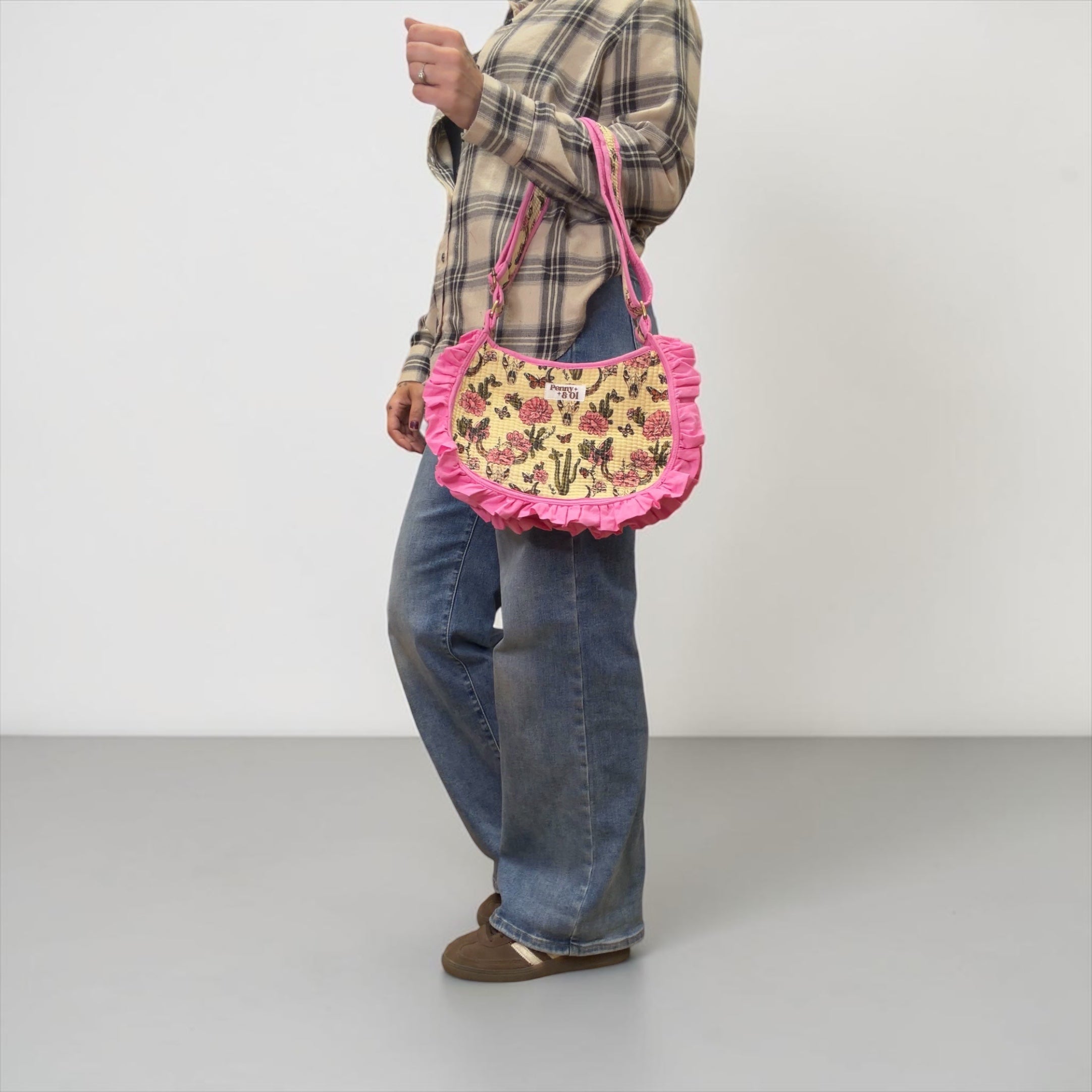 Pink Vintage Western Ruffle Shoulder Bag, Handmade Cotton Tote Bags
