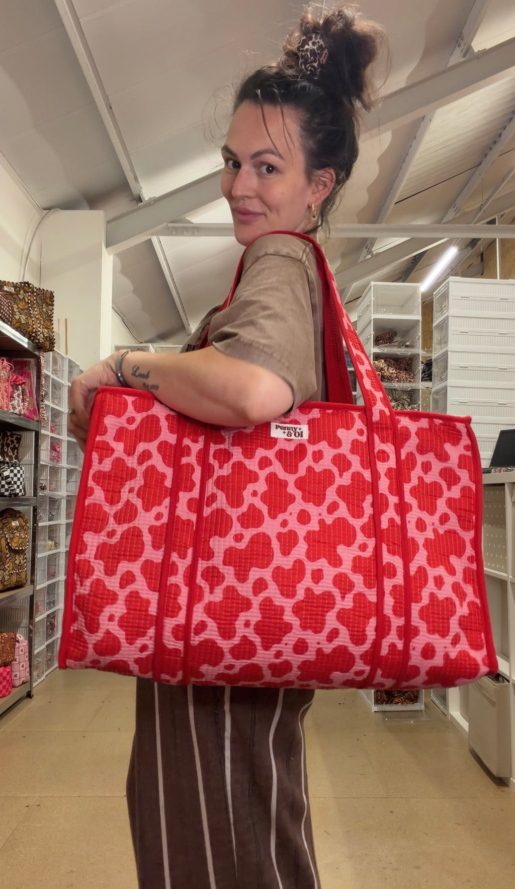 Pink & Red Cow Print LARGE Cotton Tote Bag