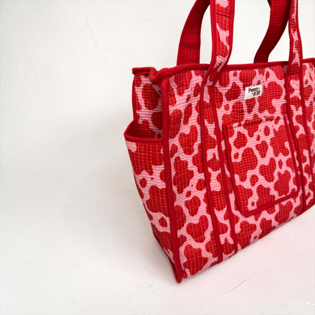 Pink & Red Cow Print
 Travel Tote, Handmade Cotton Tote Bag