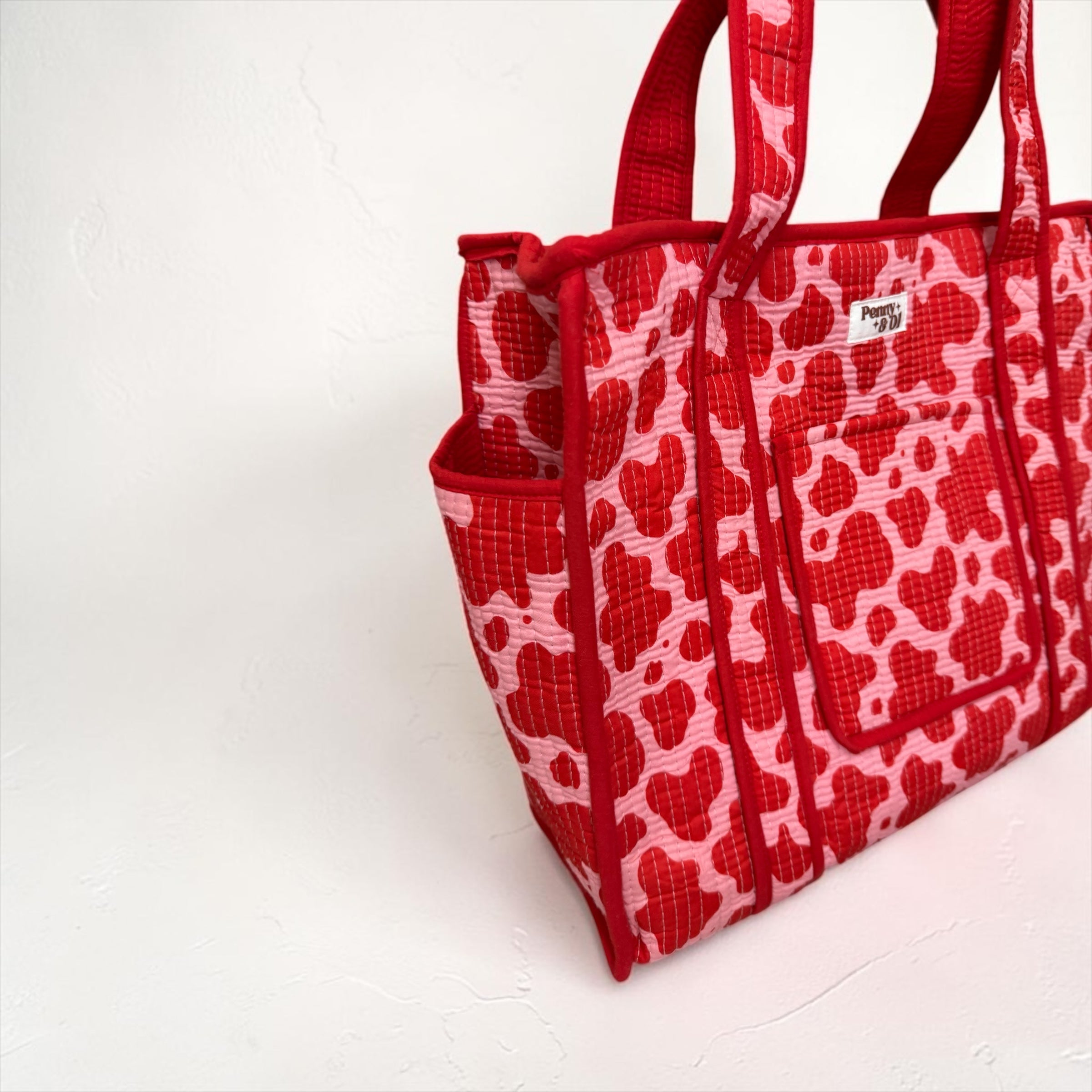 Pink & Red Cow Print
 Travel Tote, Handmade Cotton Tote Bag