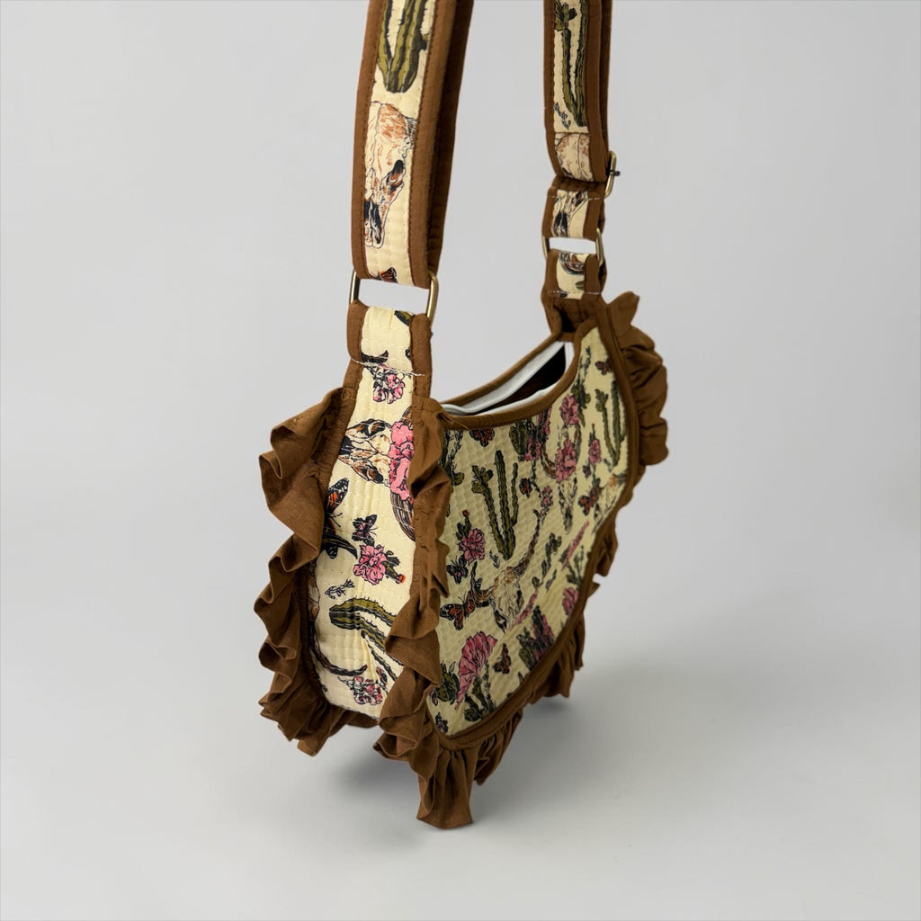 Brown Vintage Western Ruffle Shoulder Bag, Handmade Cotton Tote Bags