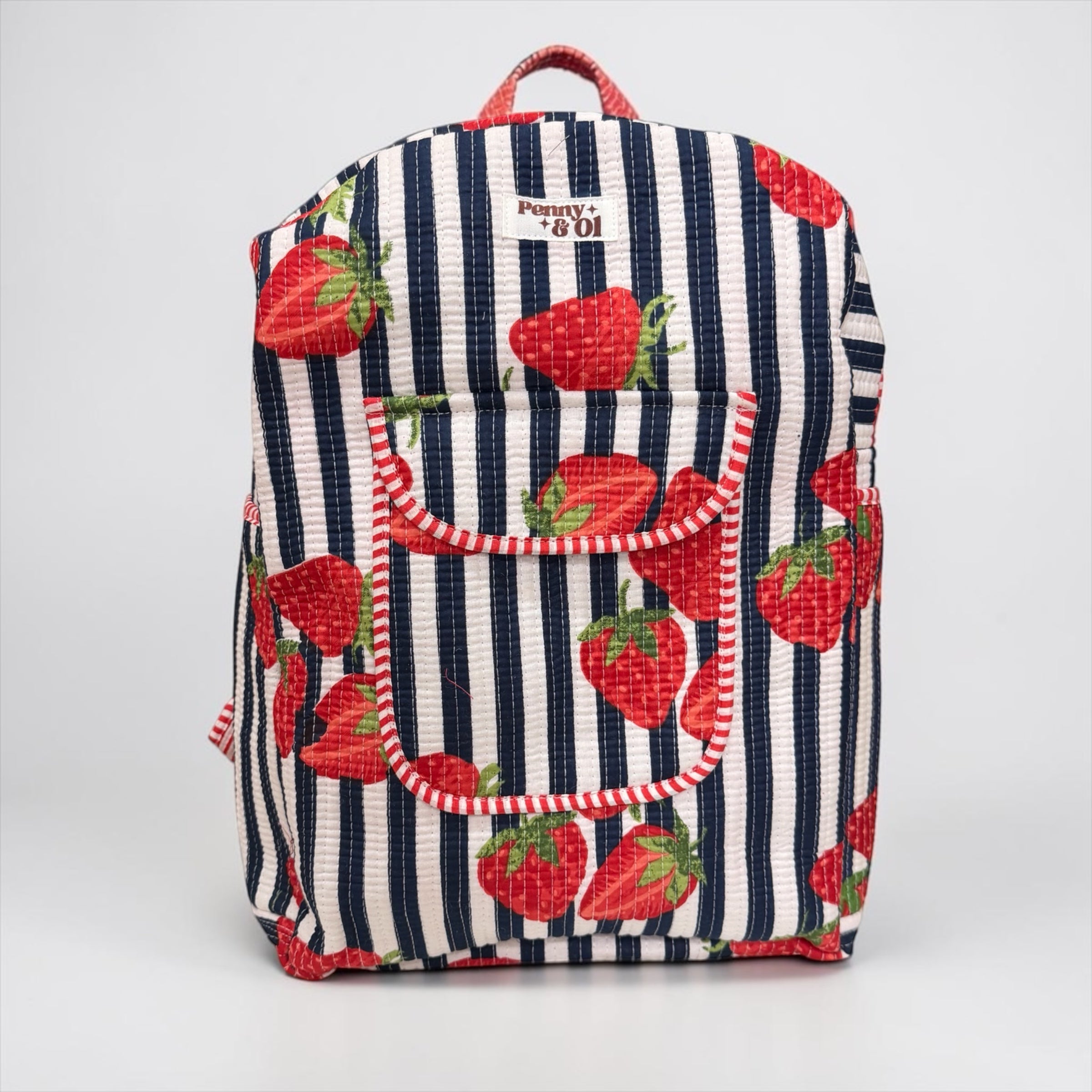 Navy Stripe Strawberry Backpack, handmade cotton tote bags.